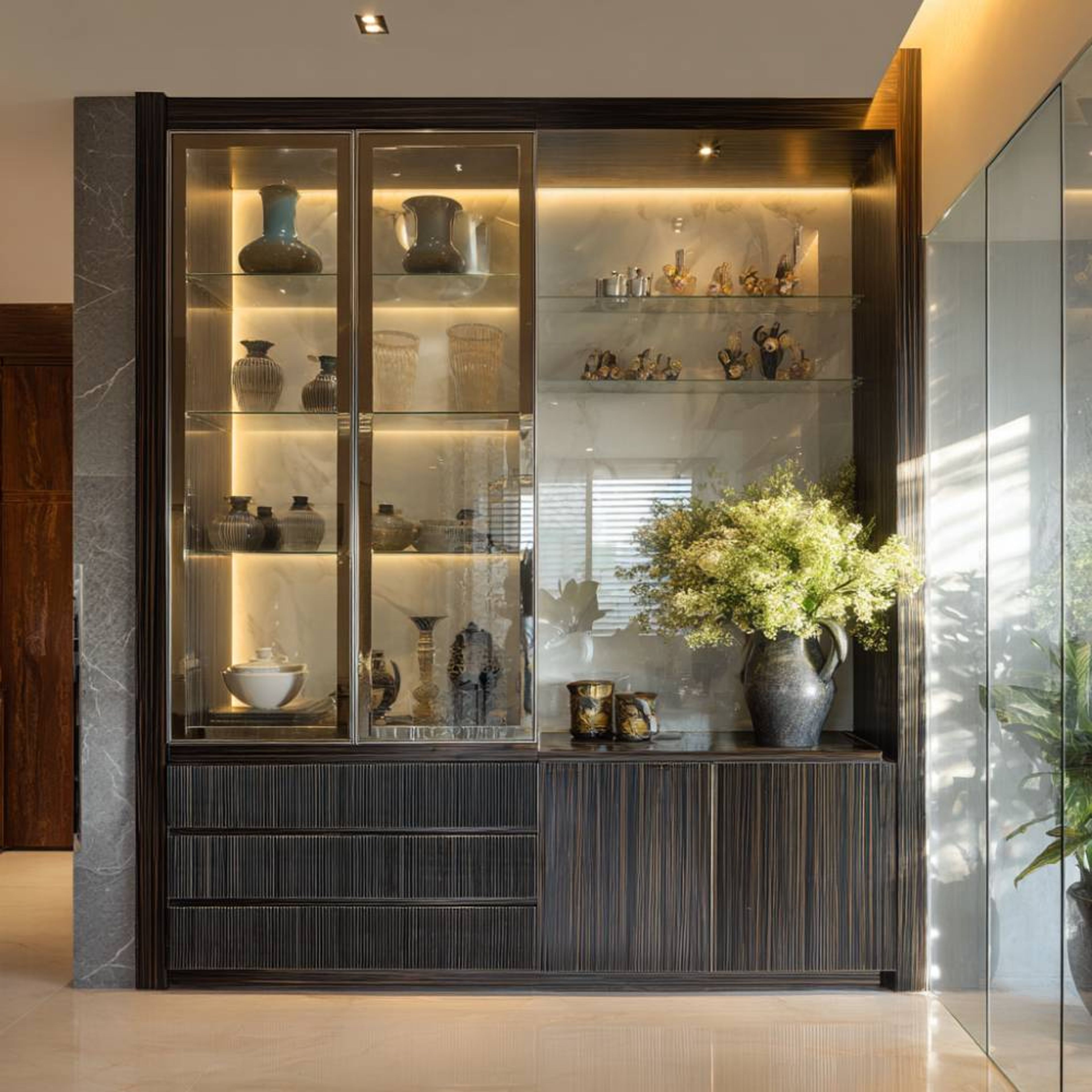 Dark Brown Modern Crockery Unit Design with Wood Shutters and Glass Display Cabinets