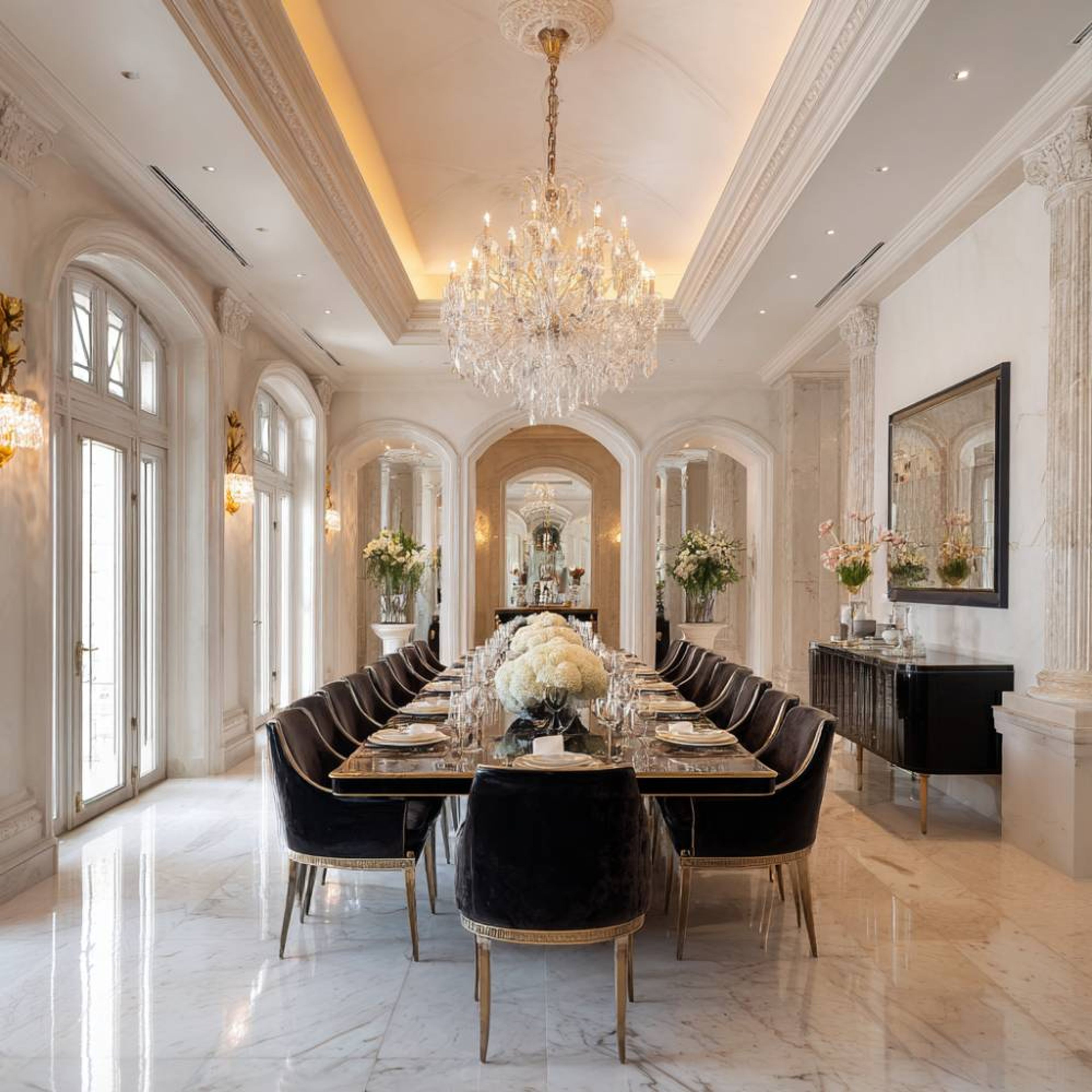 Dining room with chandelier, marble flooring, and velvet gold-accented chairs