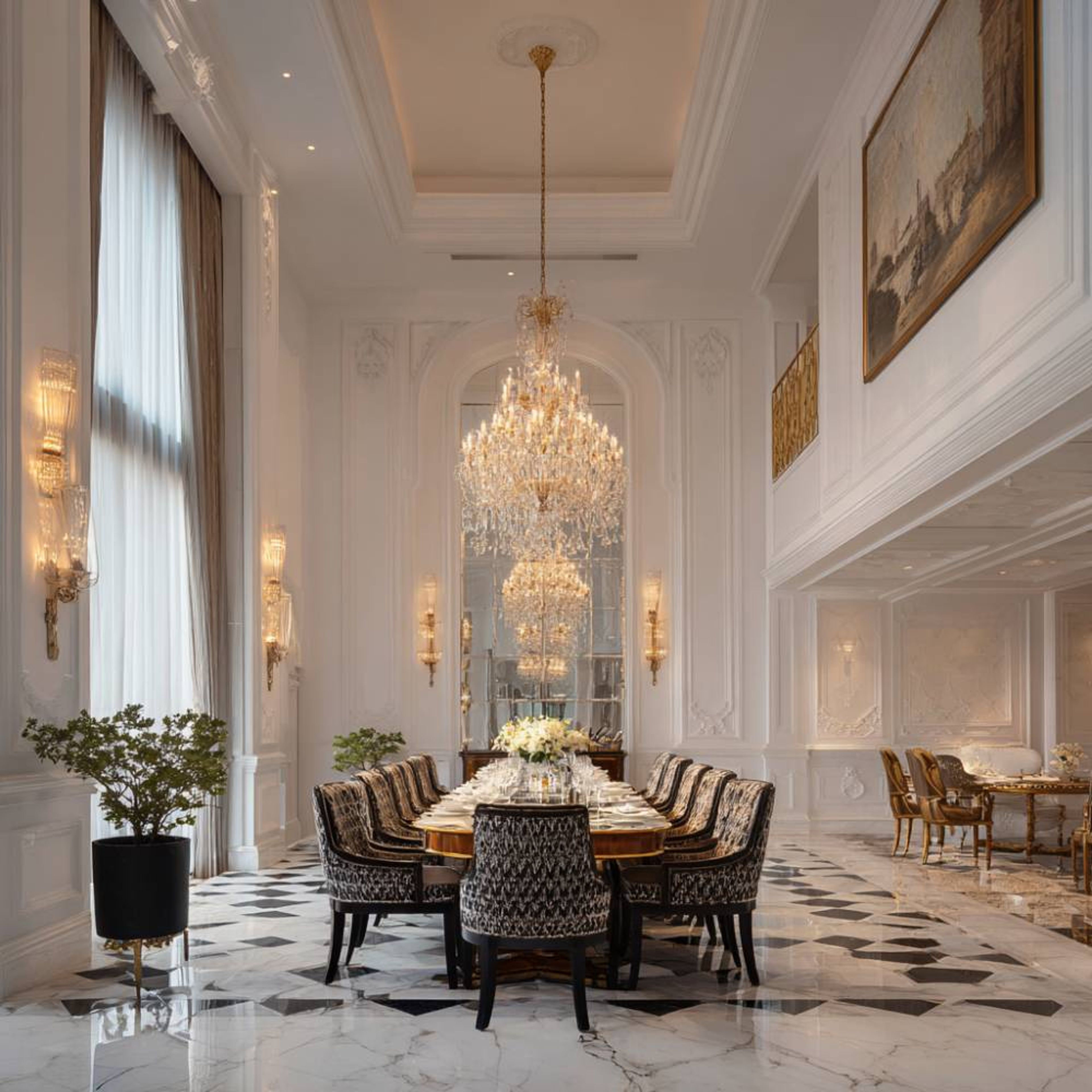 Dining room with crystal chandeliers, marble floor, and gold detailing