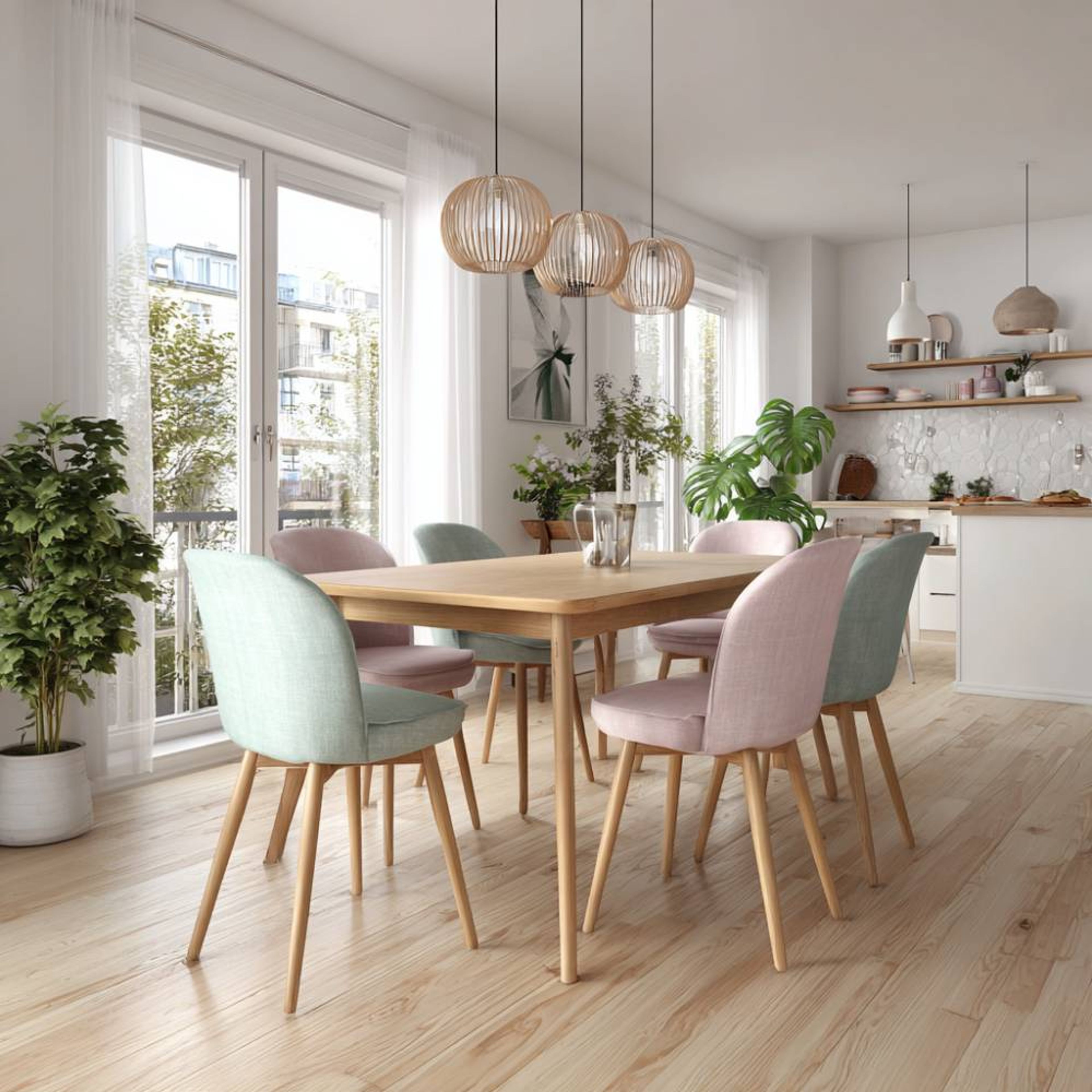 Dining room with pastel chairs, wood dining table, and natural sunlight