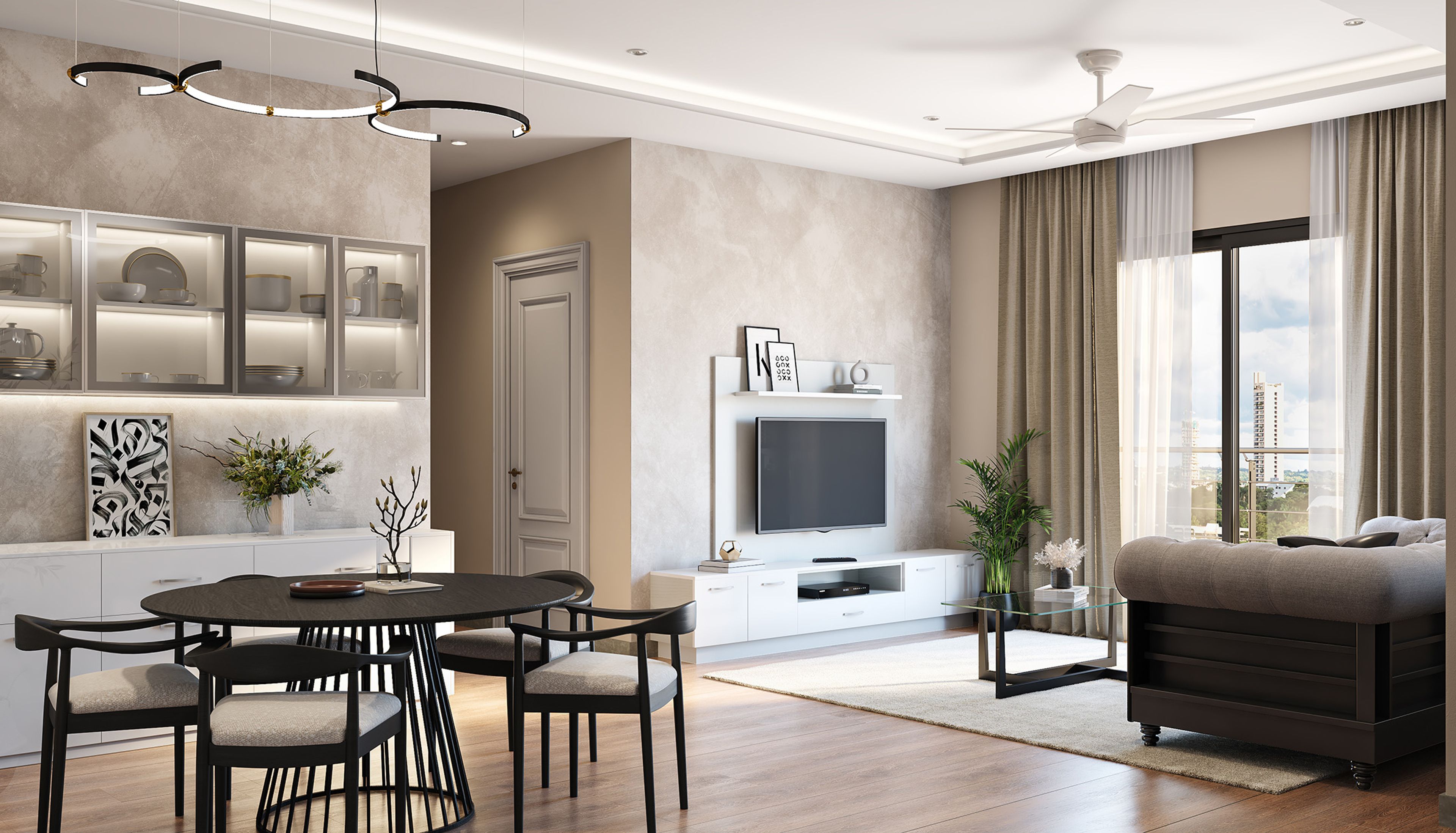 Dining Room Design with Black Table and Backlit Crockery Unit