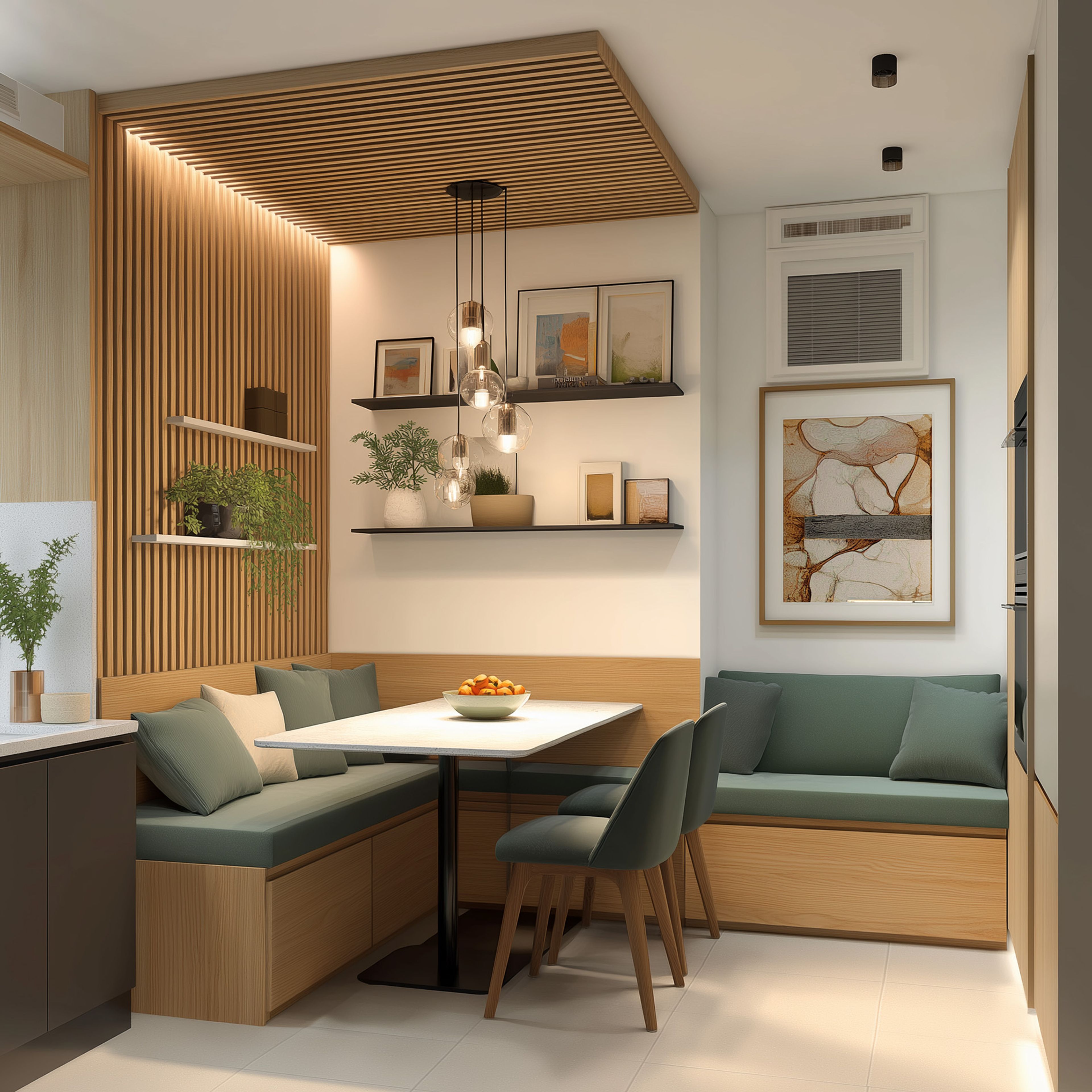 Dining nook with built-in benches, wooden slats, pendant lights, and green cushions