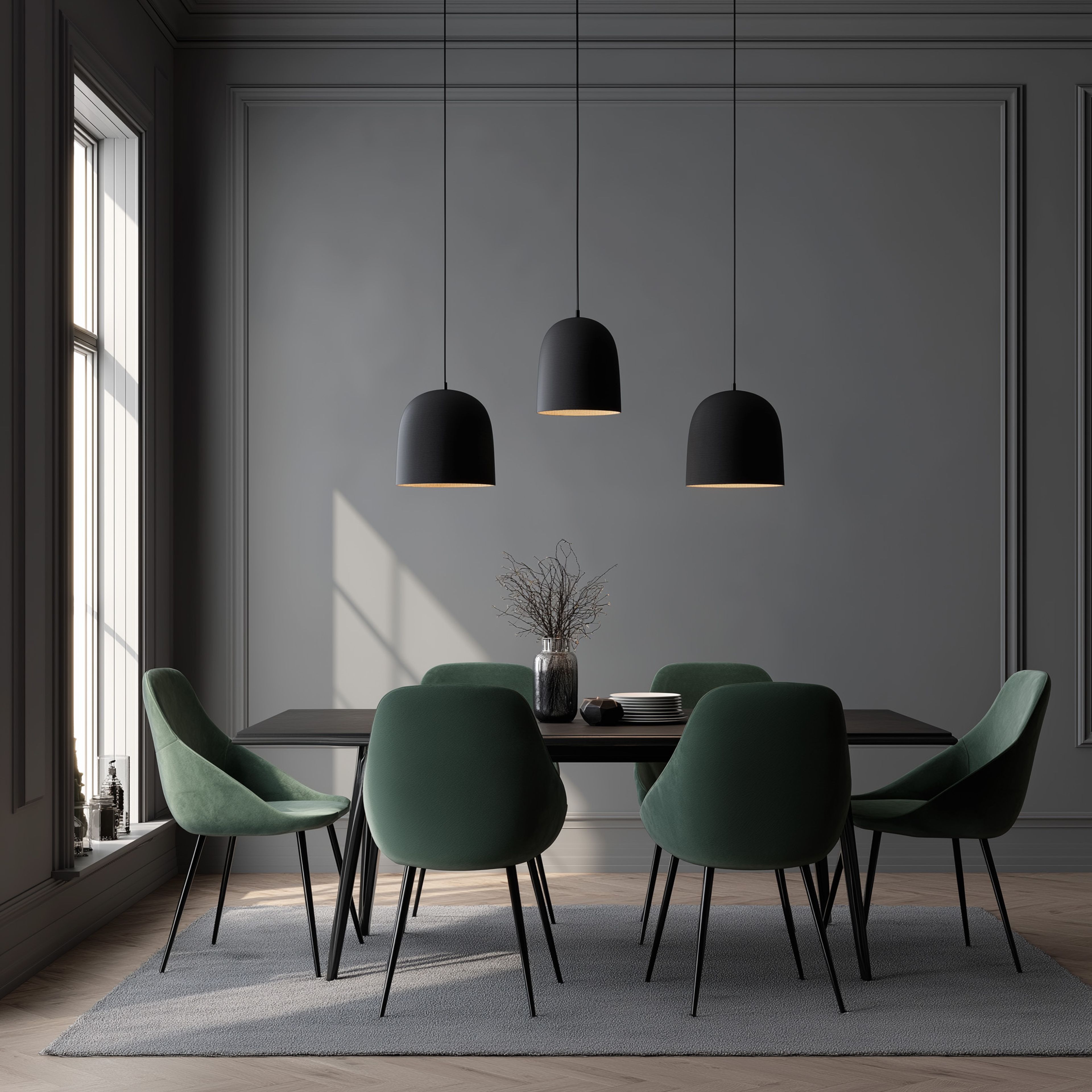 Dining room with green chairs, black pendant lights, and matte grey walls