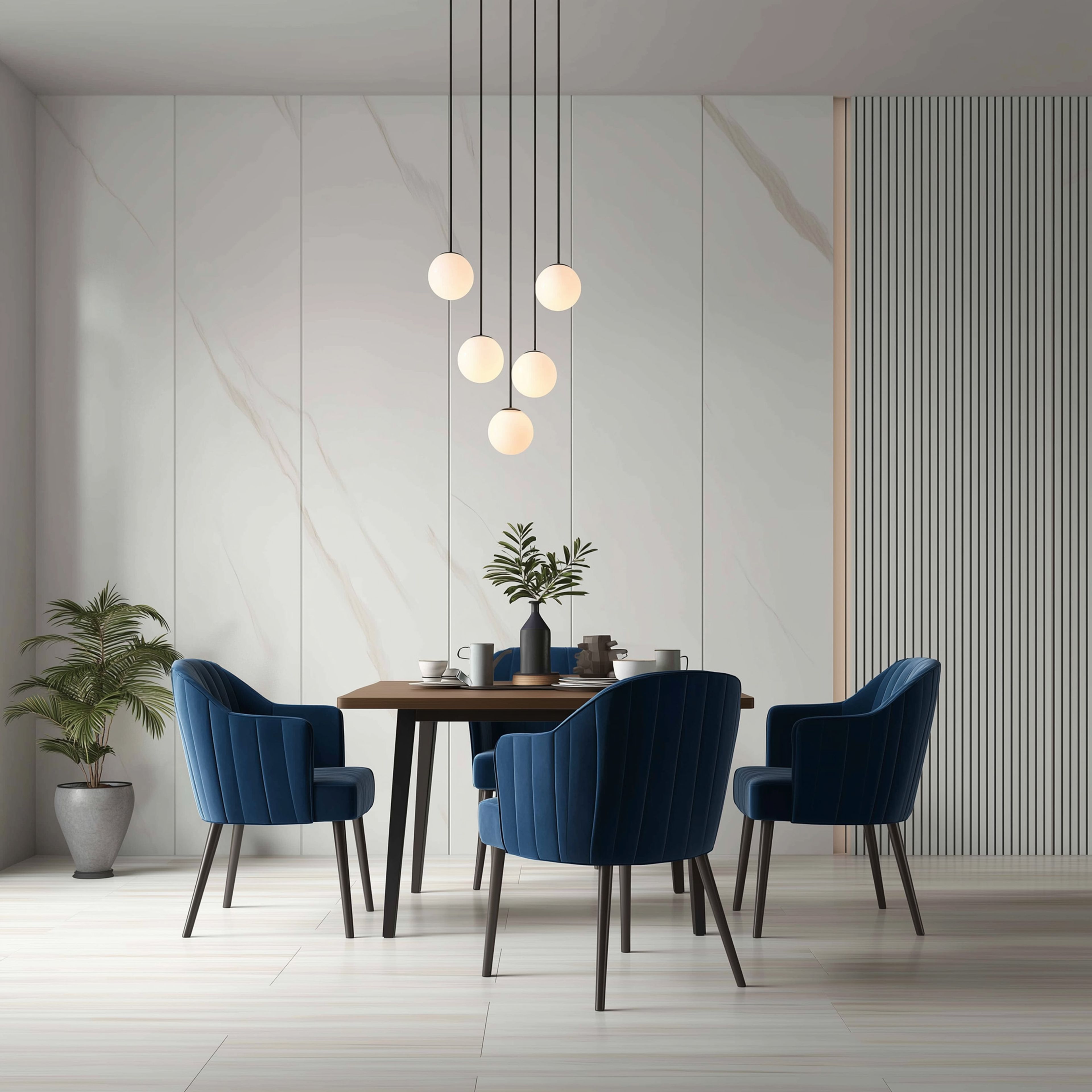 Dining room with blue chairs, black table, and minimalistic pendant lighting