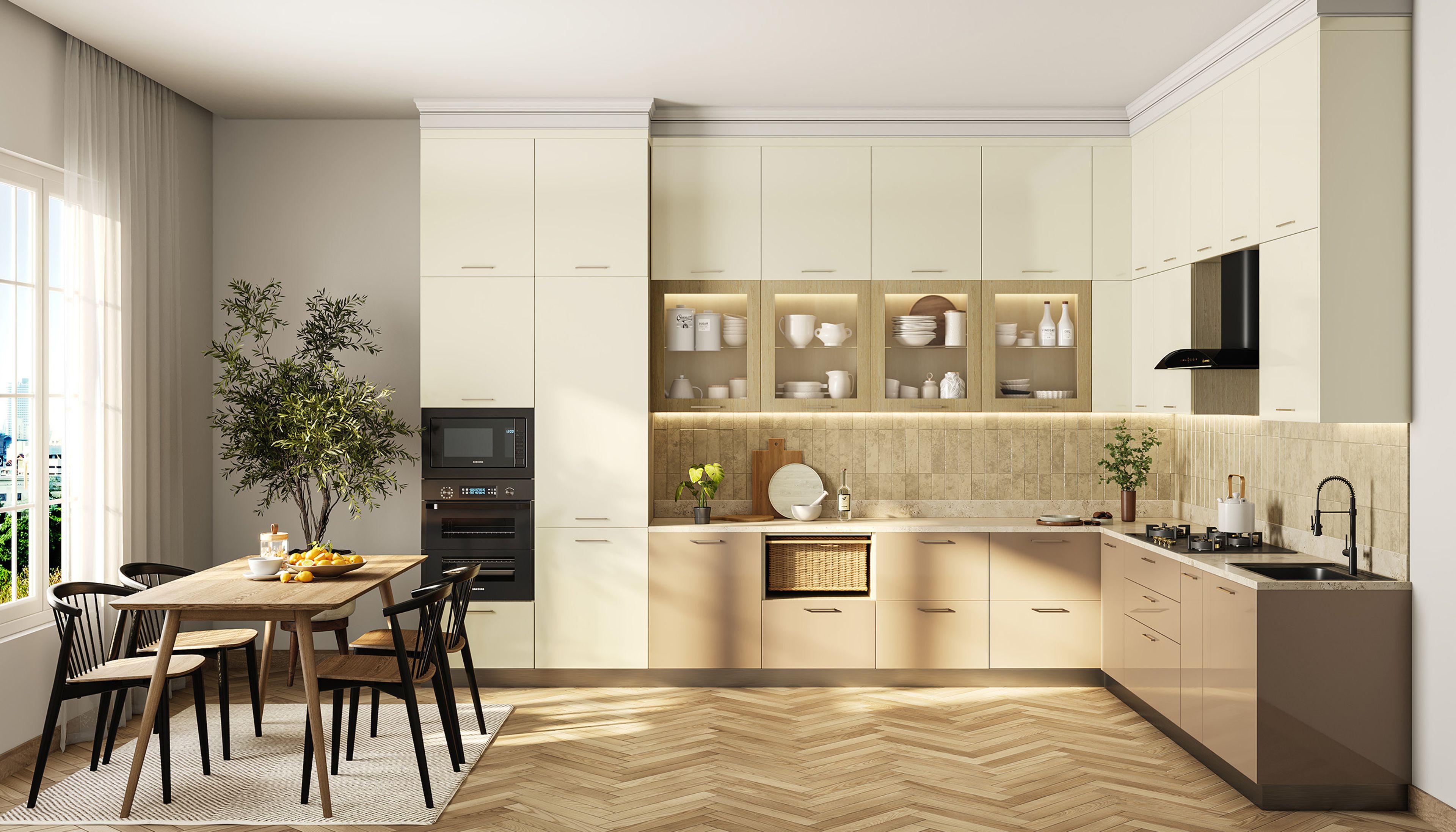 Dining Room Design with Solid Wood Table and Tall Cabinet Storage