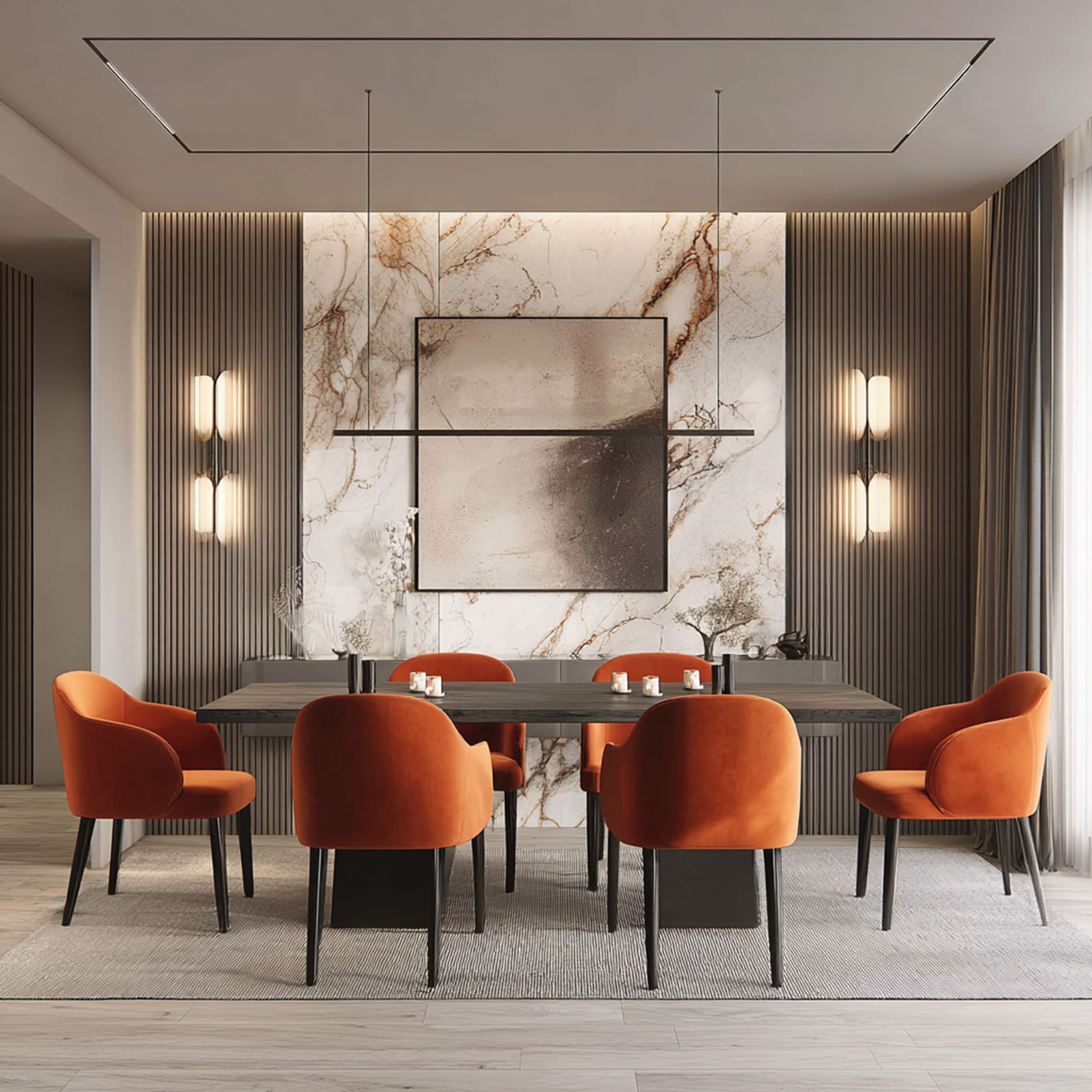 Dining room with marble wall backdrop, orange chairs, and minimalist sleek lighting