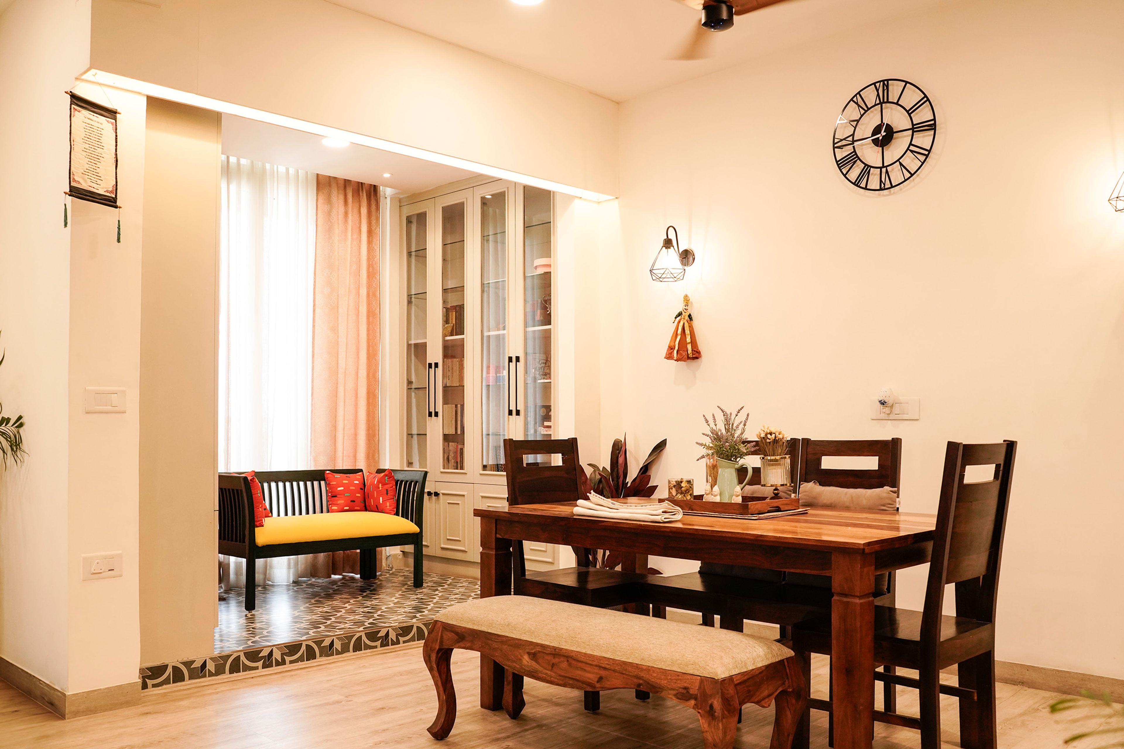 Dining Room Design with Solid Wood and Carved Bench