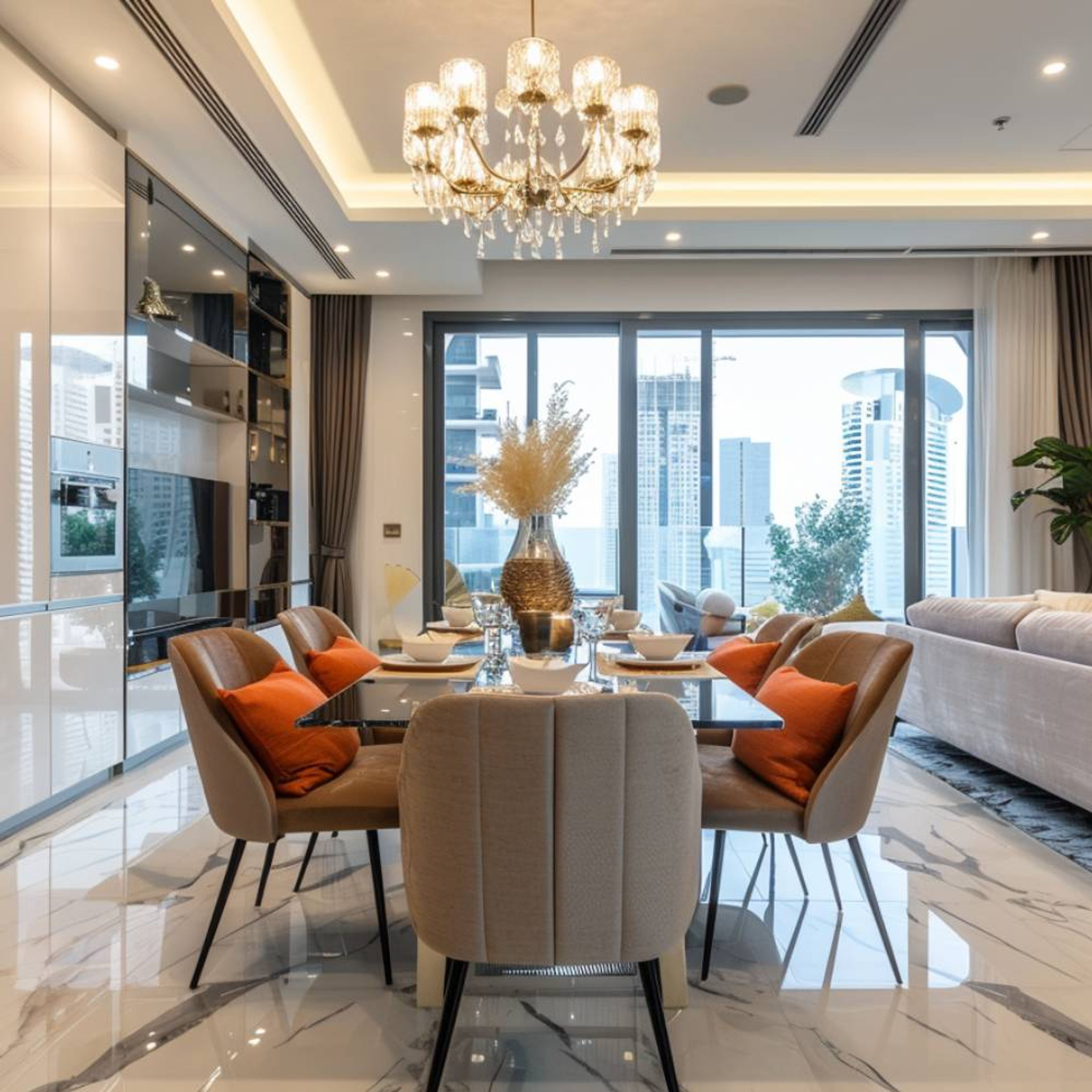 Dining room with marble floor, chandelier, and beige chairs with orange accents