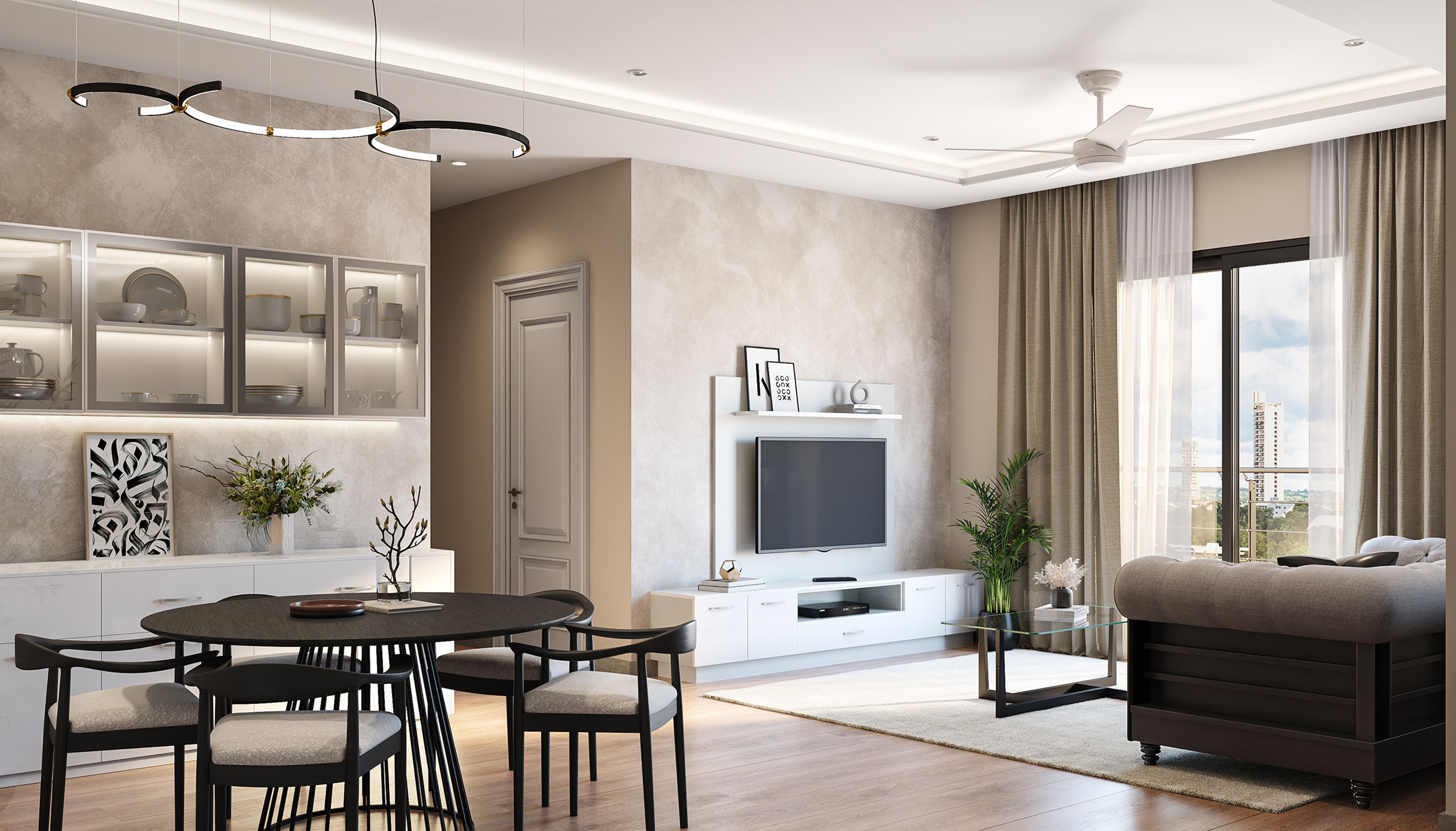 Transitional Double Layer Gypsum False Ceiling With Spotlights and Cove Lighting