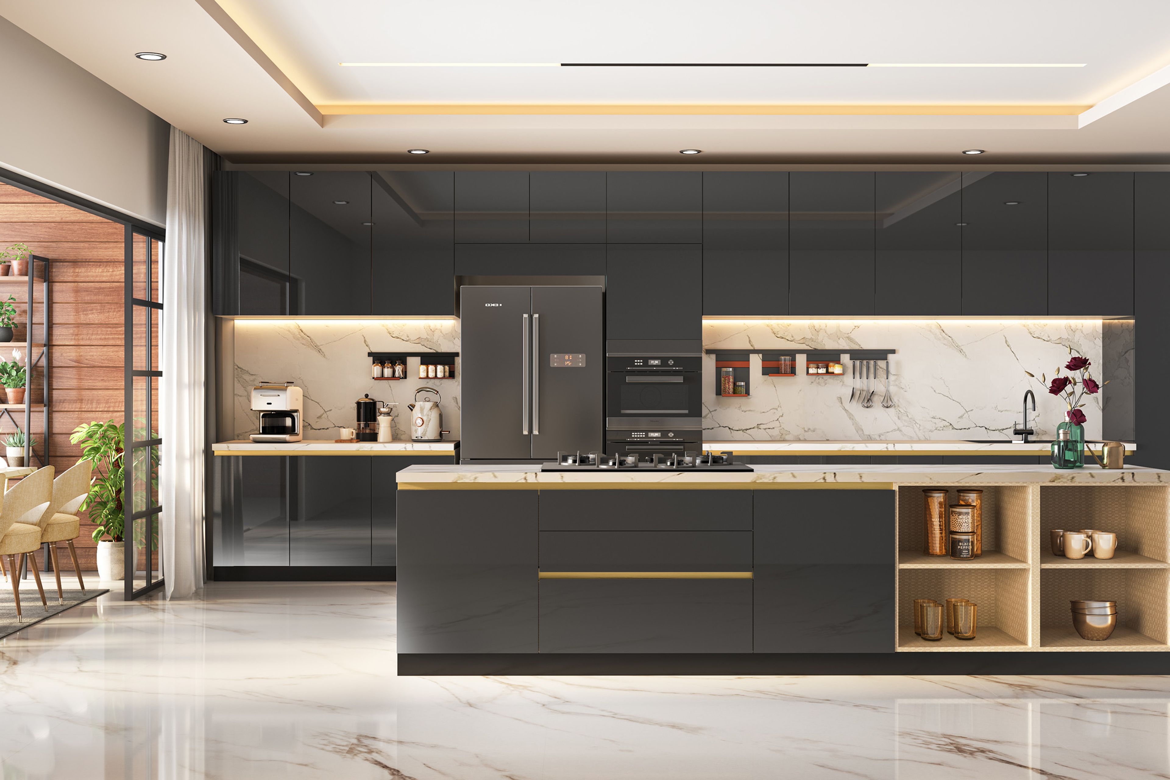 Glossy White Marble Contemporary Flooring Design with Golden-Beige Vein Accents