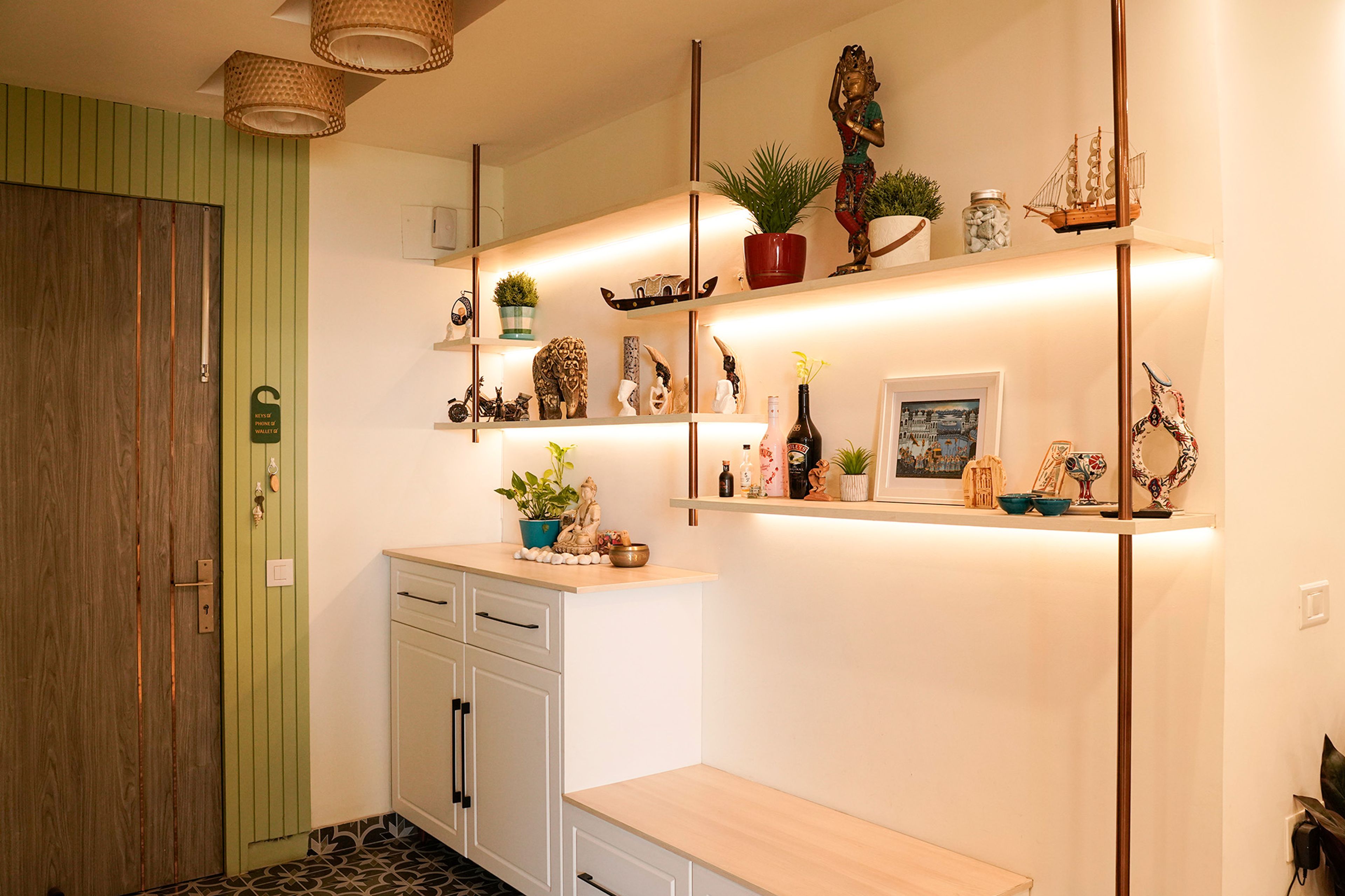 Contemporary Foyer Design With Storage Bench And Display Shelf