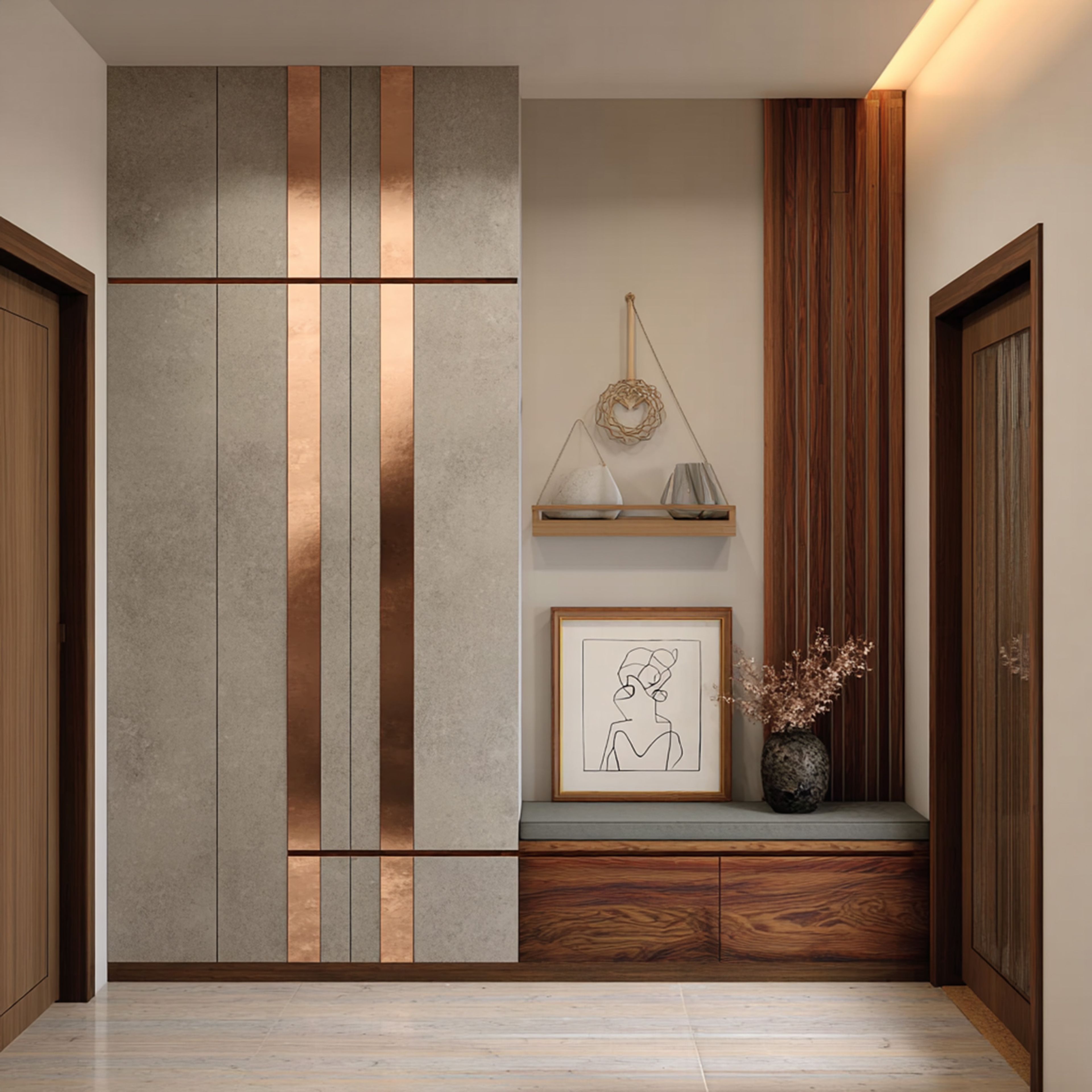 Contemporary Foyer Design with Copper Accents and Concealed Shoe Storage