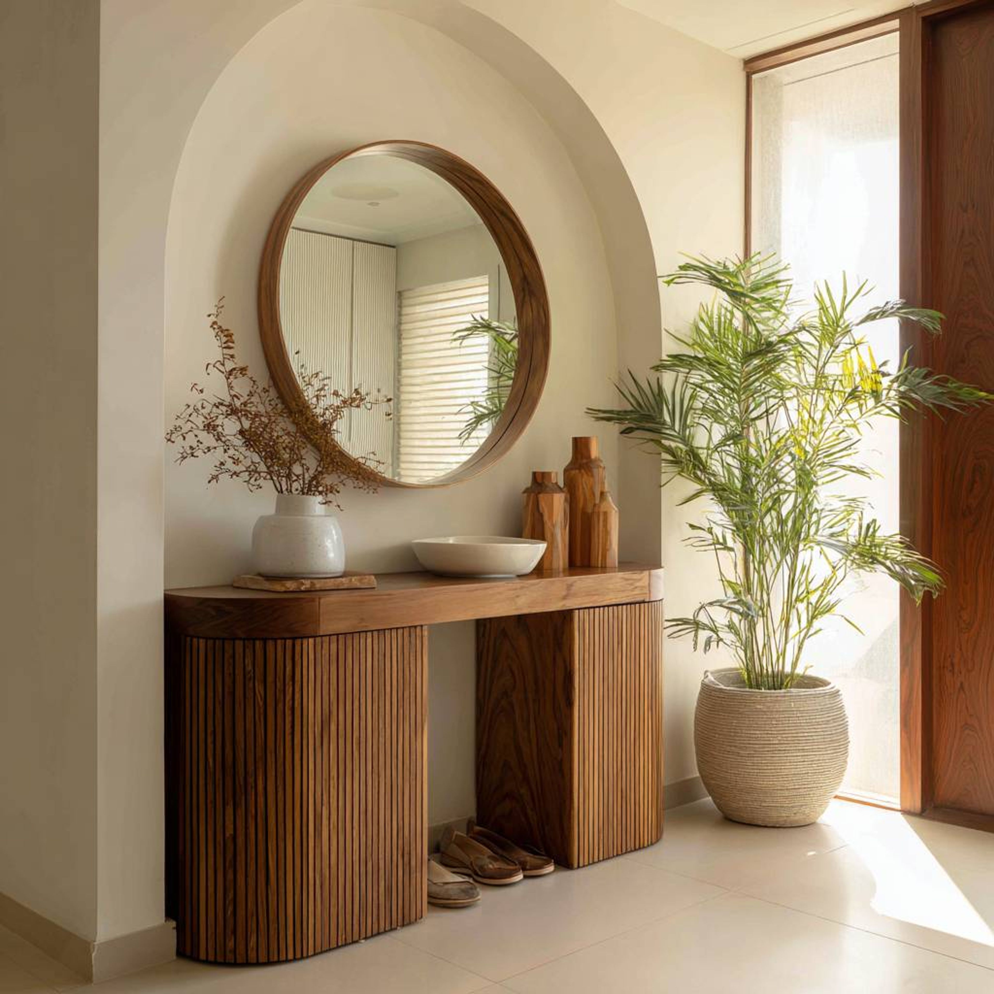 Minimal Foyer Design with Teak Wood Console and Vertical Groove Detailing Shutters