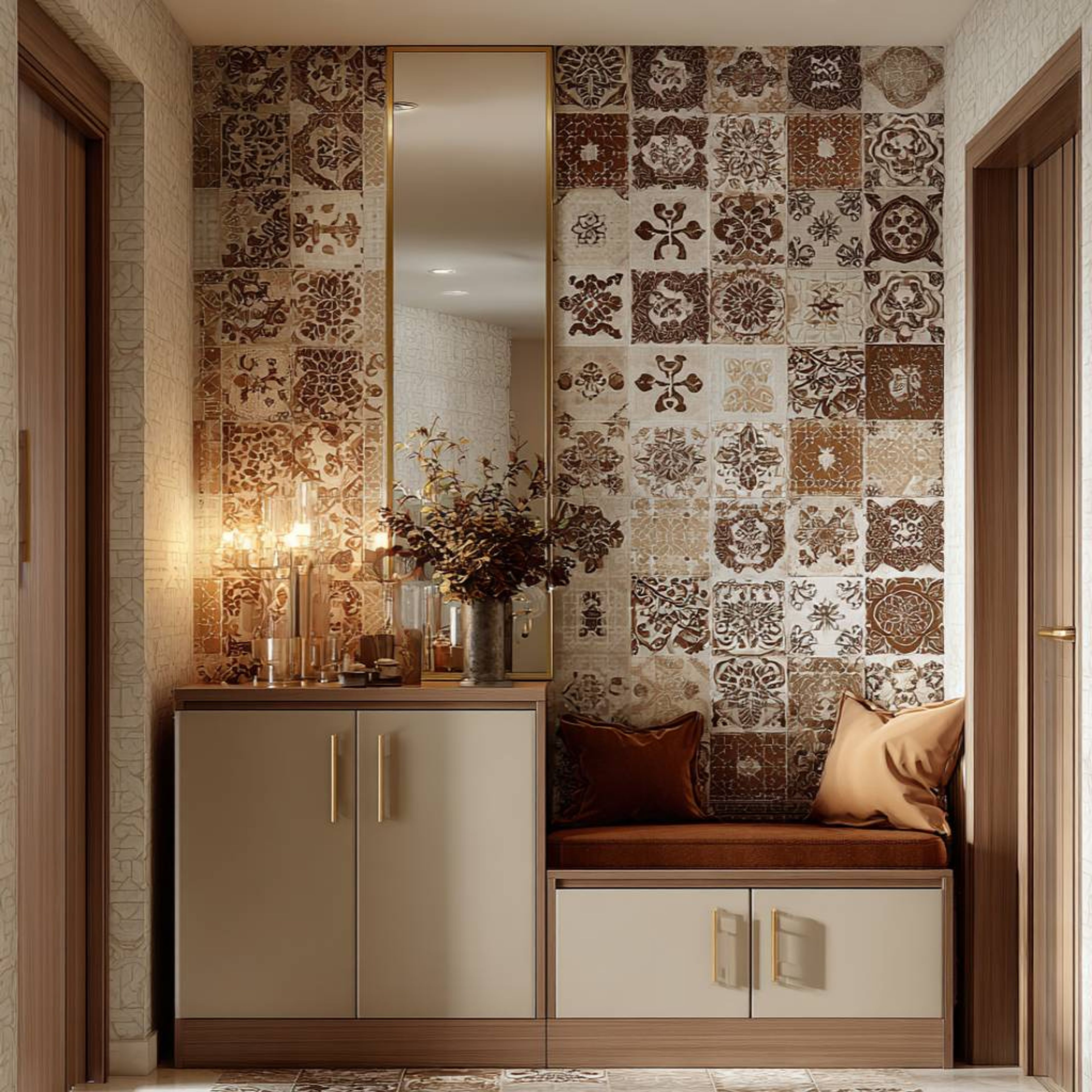 Contemporary Foyer Design with Champagne-Toned Cabinet and Patterned Tiles