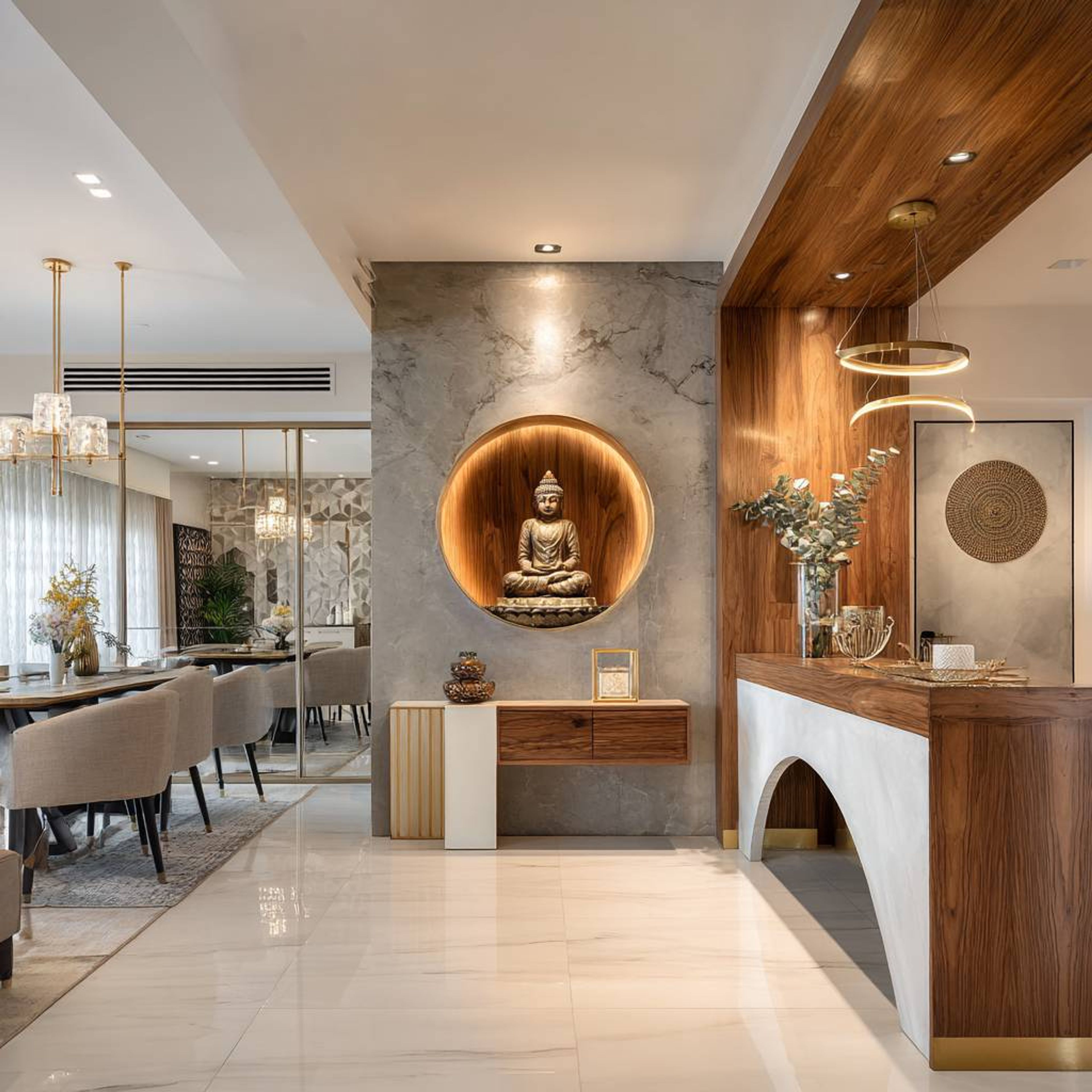 Contemporary Foyer Design with Buddha Niche and Floating Storage Unit
