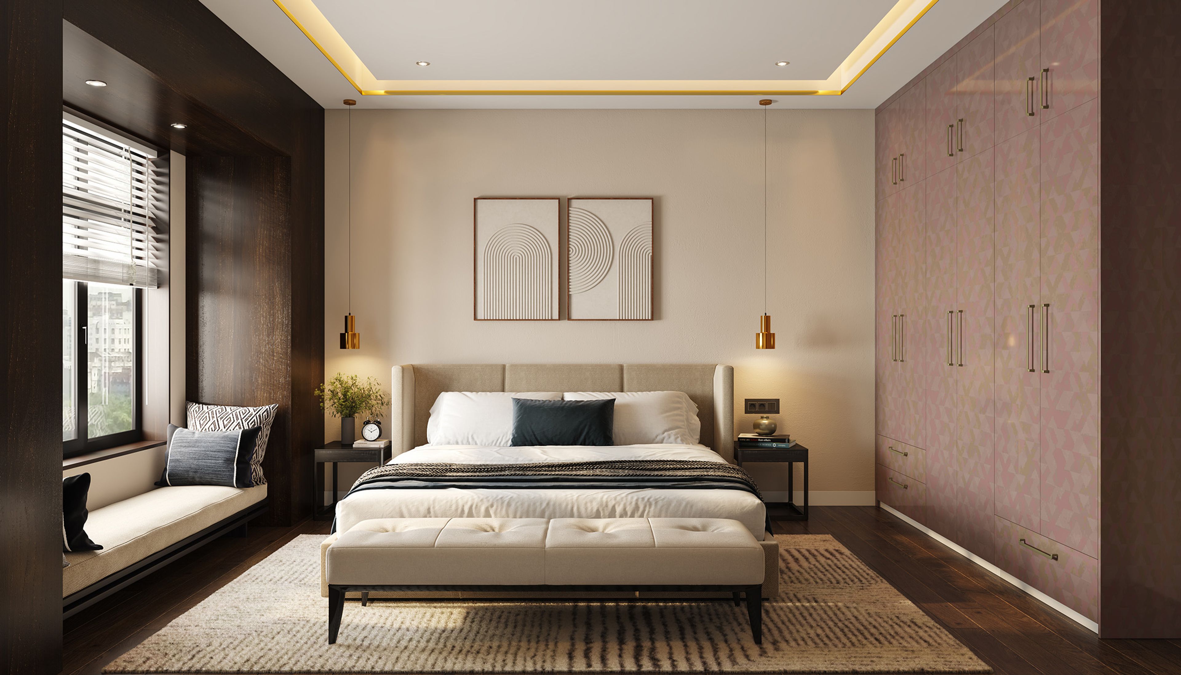 Modern Guest Bedroom Design With Wingback Headboard Bed and Plush Bench
