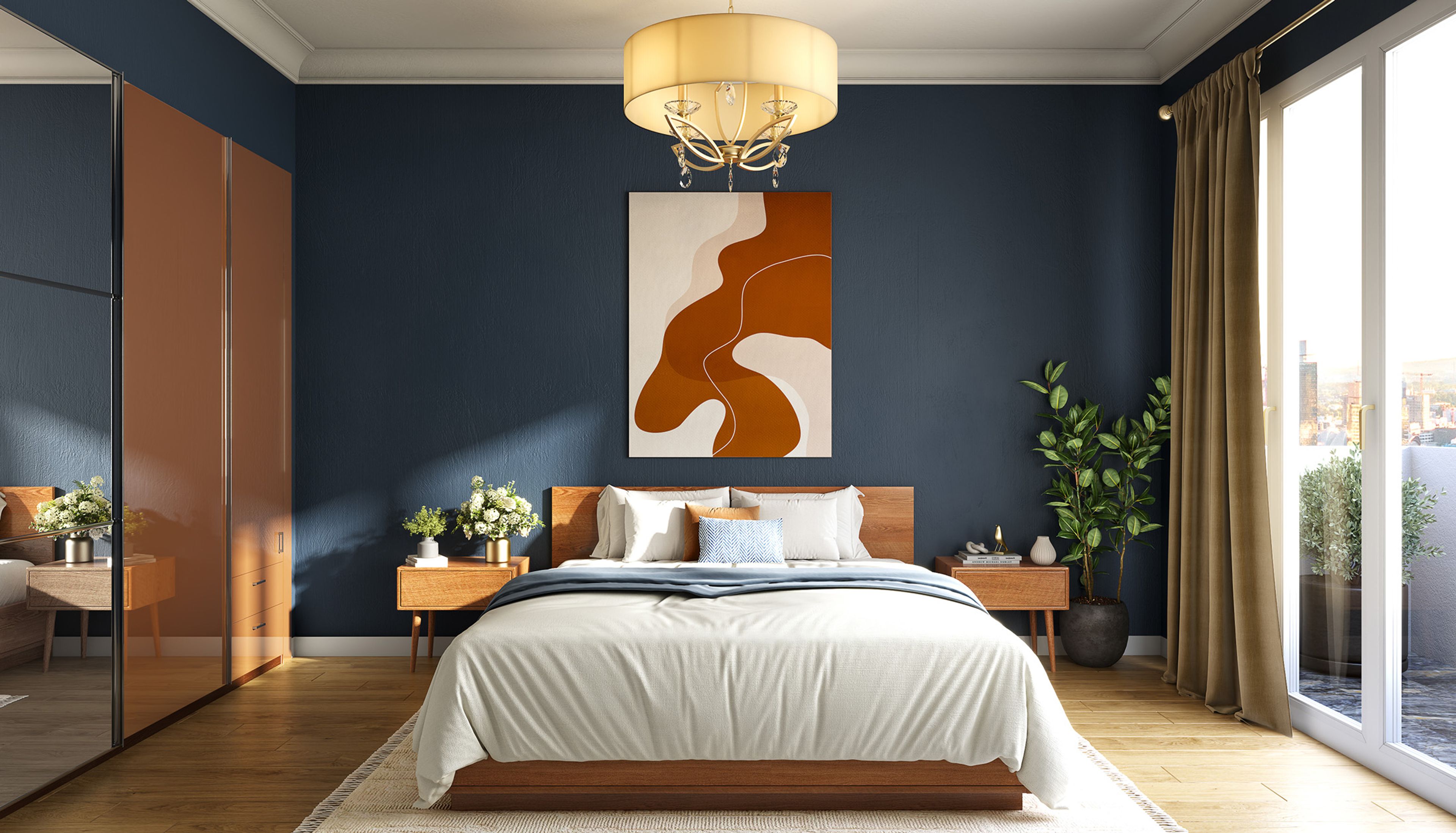 Mid-Century Modern Guest Bedroom Design With Mirror Wardrobes And Navy Wall