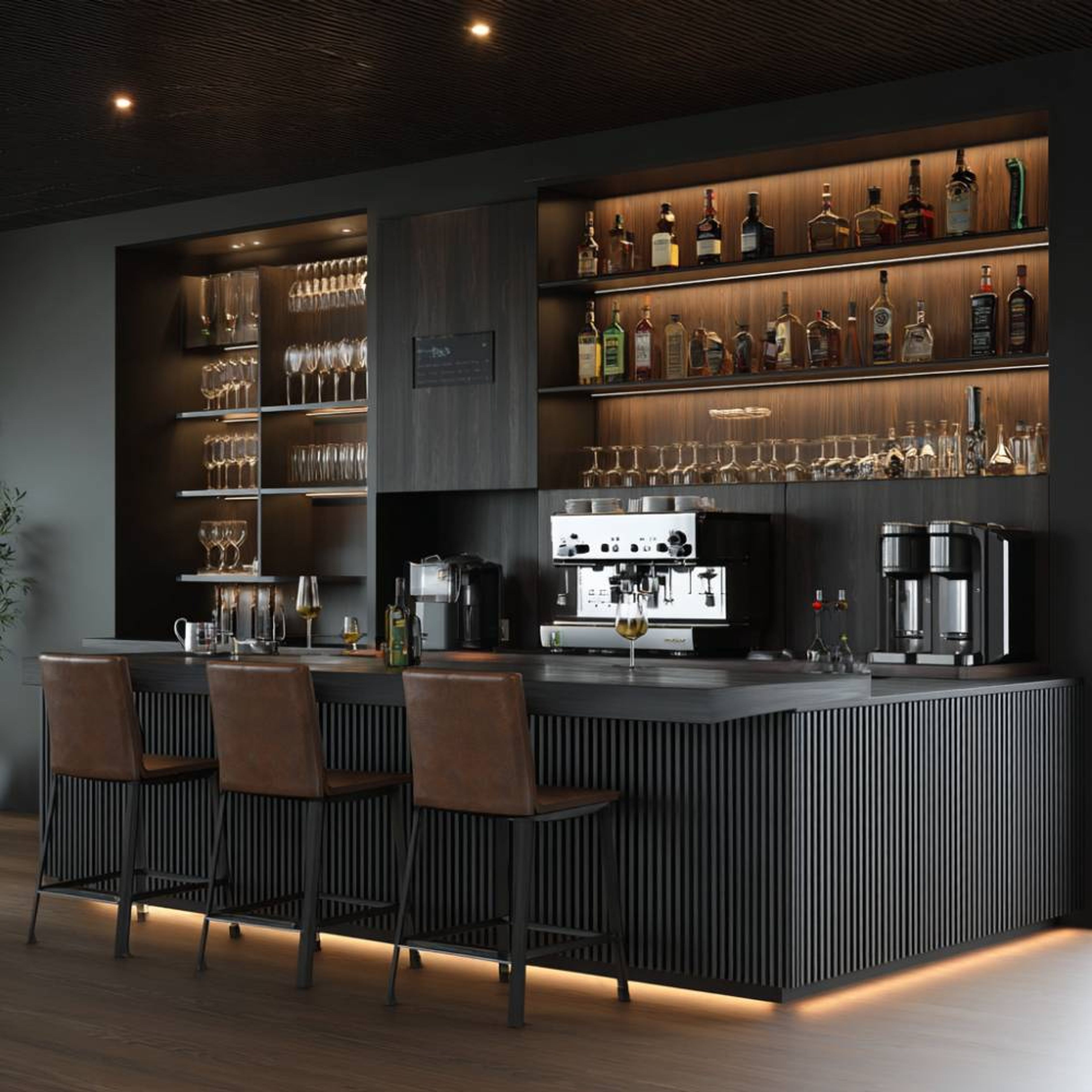 Rustic Home Bar Design with Open Shelving Slatted Panels and Backlit Display