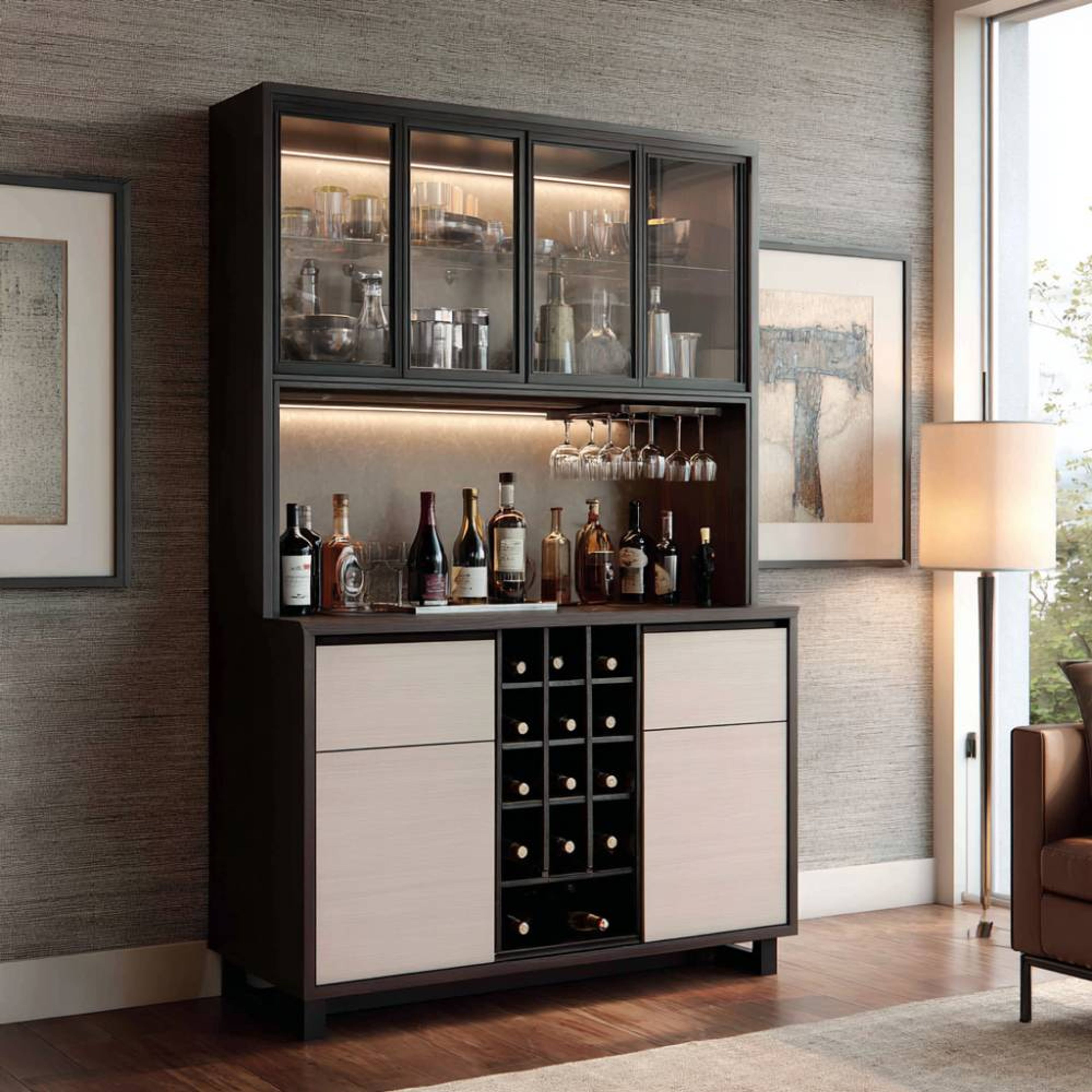 Modern Home Bar Design with Dual-Tone Wood, Wine Rack and Glass Cabinets