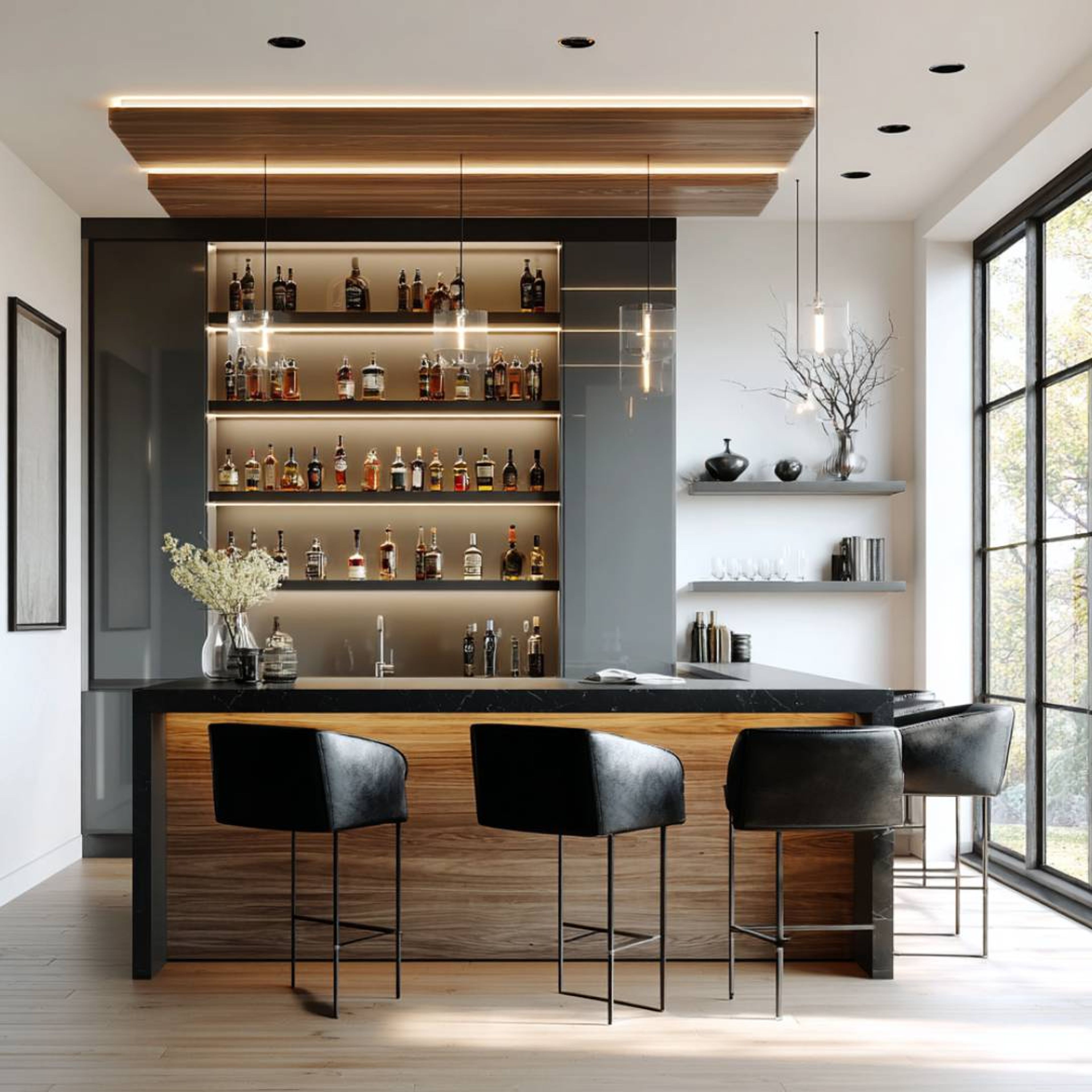 Modern Home Bar Design With Backlit Shelves and Base Cabinets