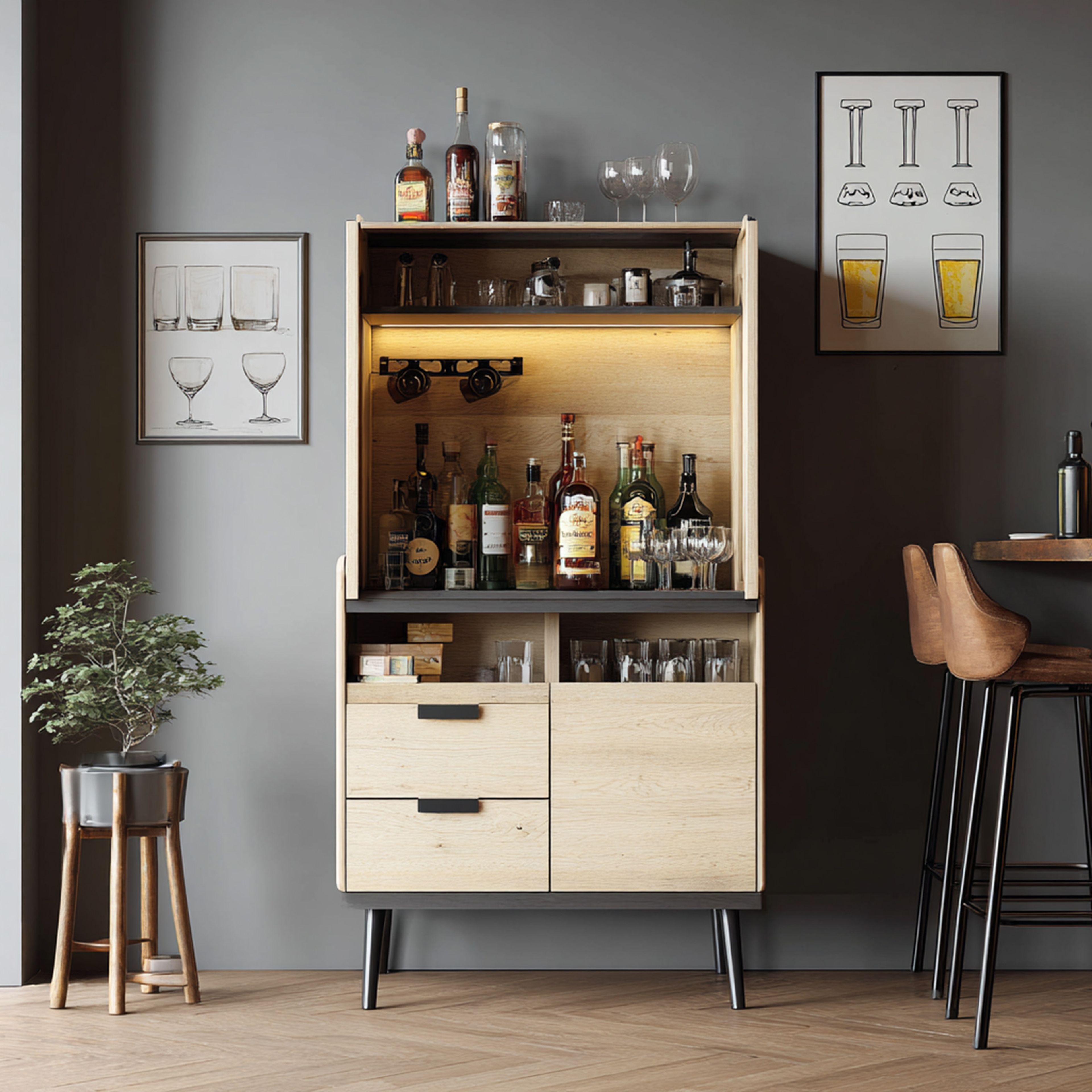 Modern Home Bar Design With Open and Closed Storage