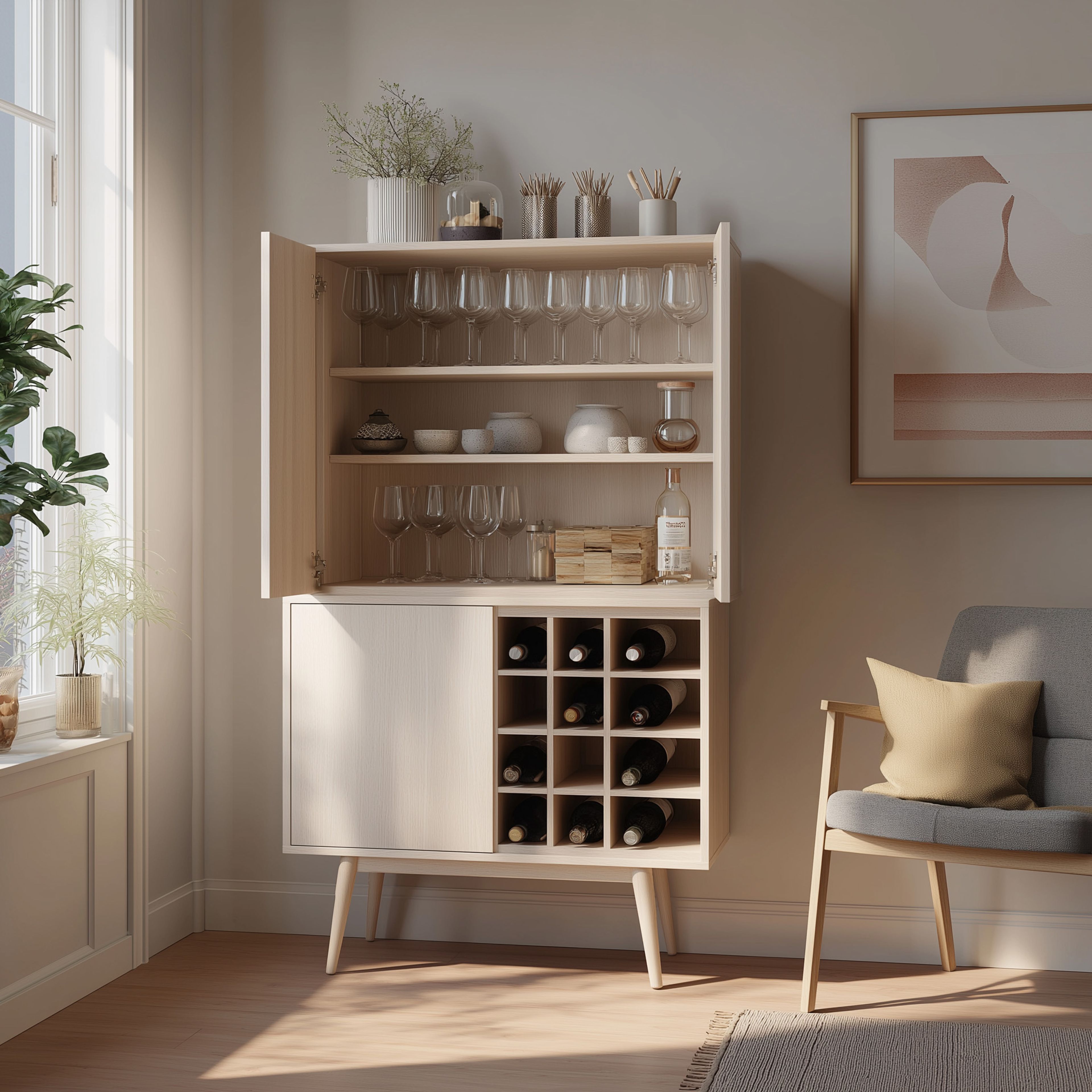 Scandinavian Home Bar Design with Wine Rack and Open Shelves