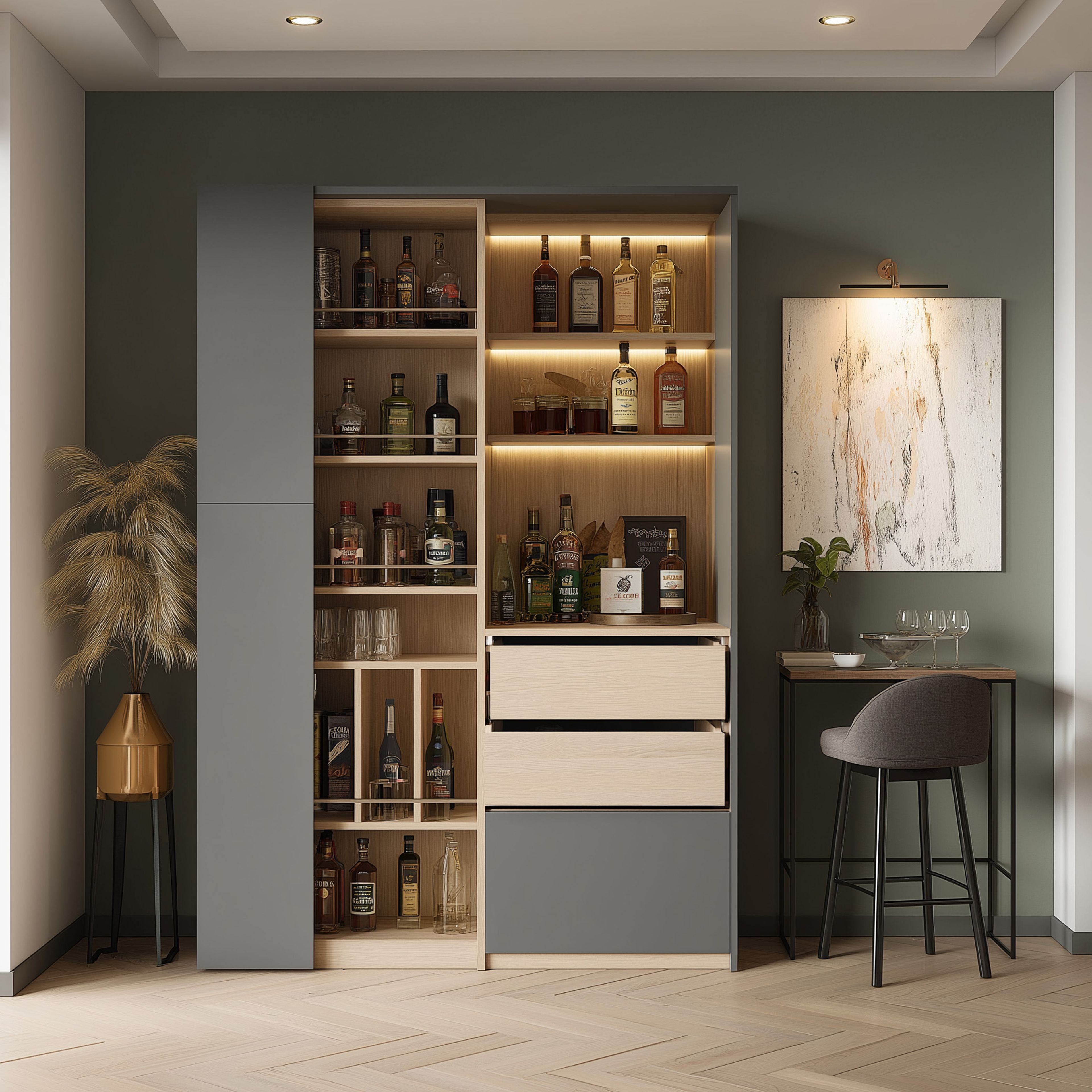Contemporary Home Bar Design with LED Shelves and Grey Wood Finish