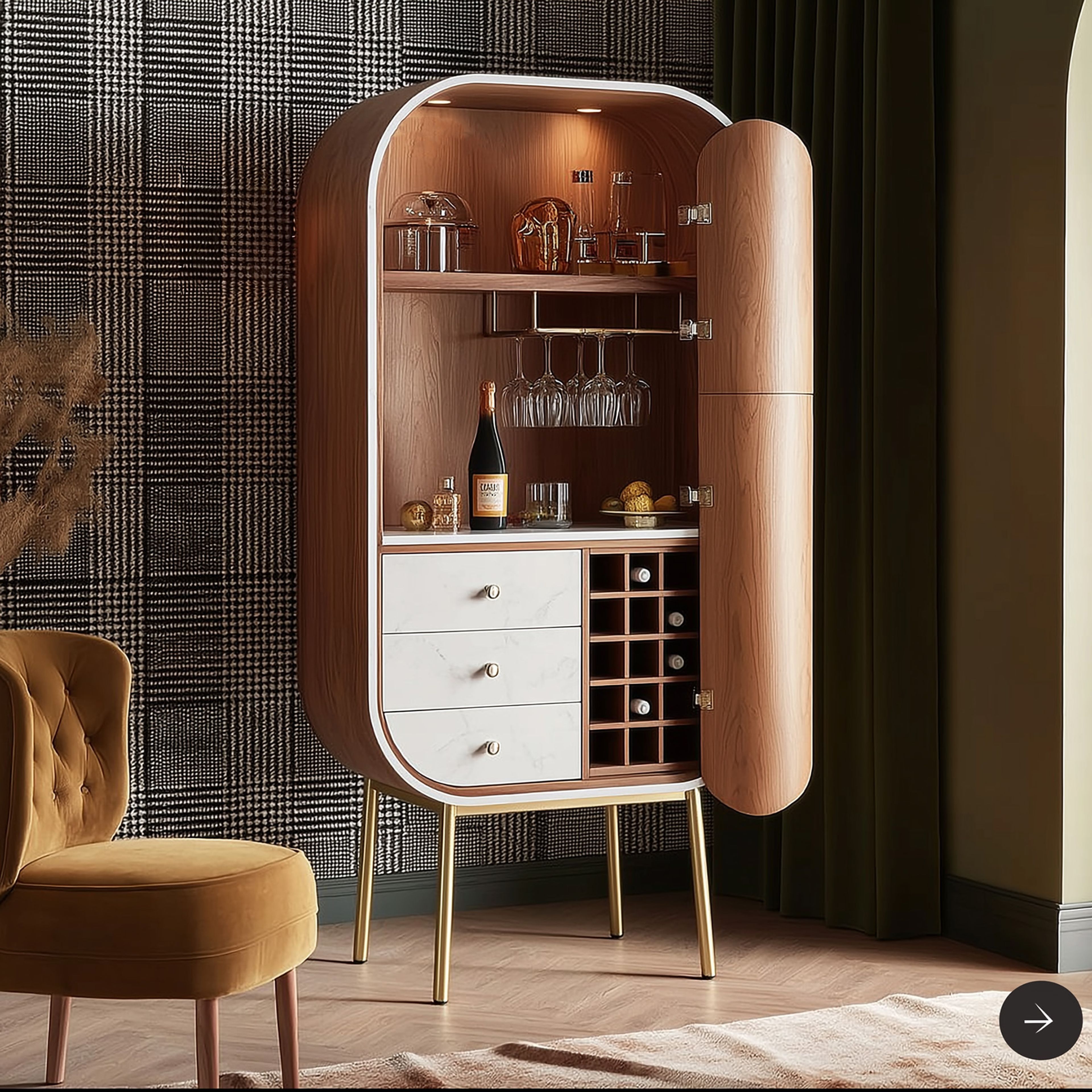 Modern Home Bar Design with Drawers, Racks and Open Shelves