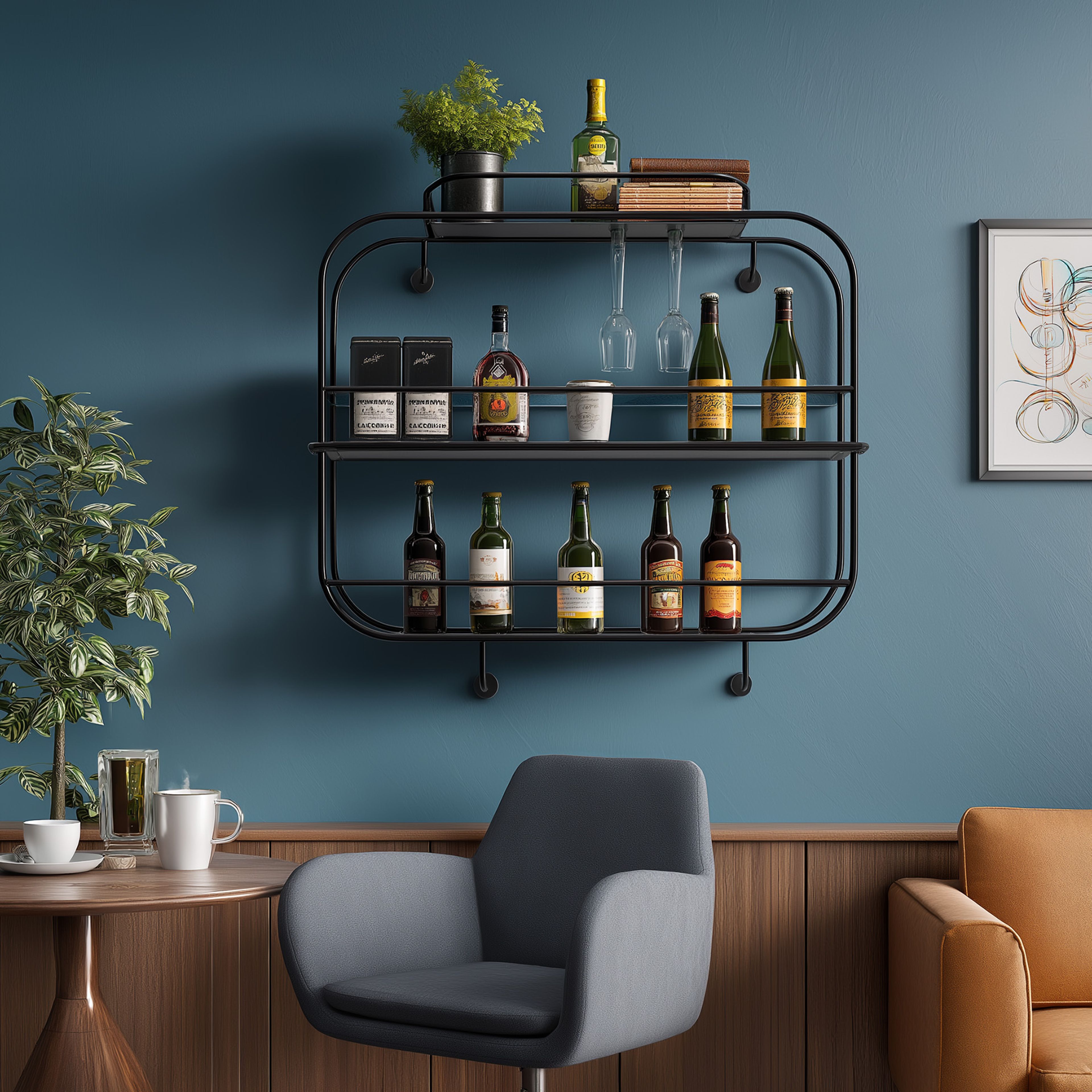 Wall-Mounted Modern Home Bar Design with Glass Holder and Display