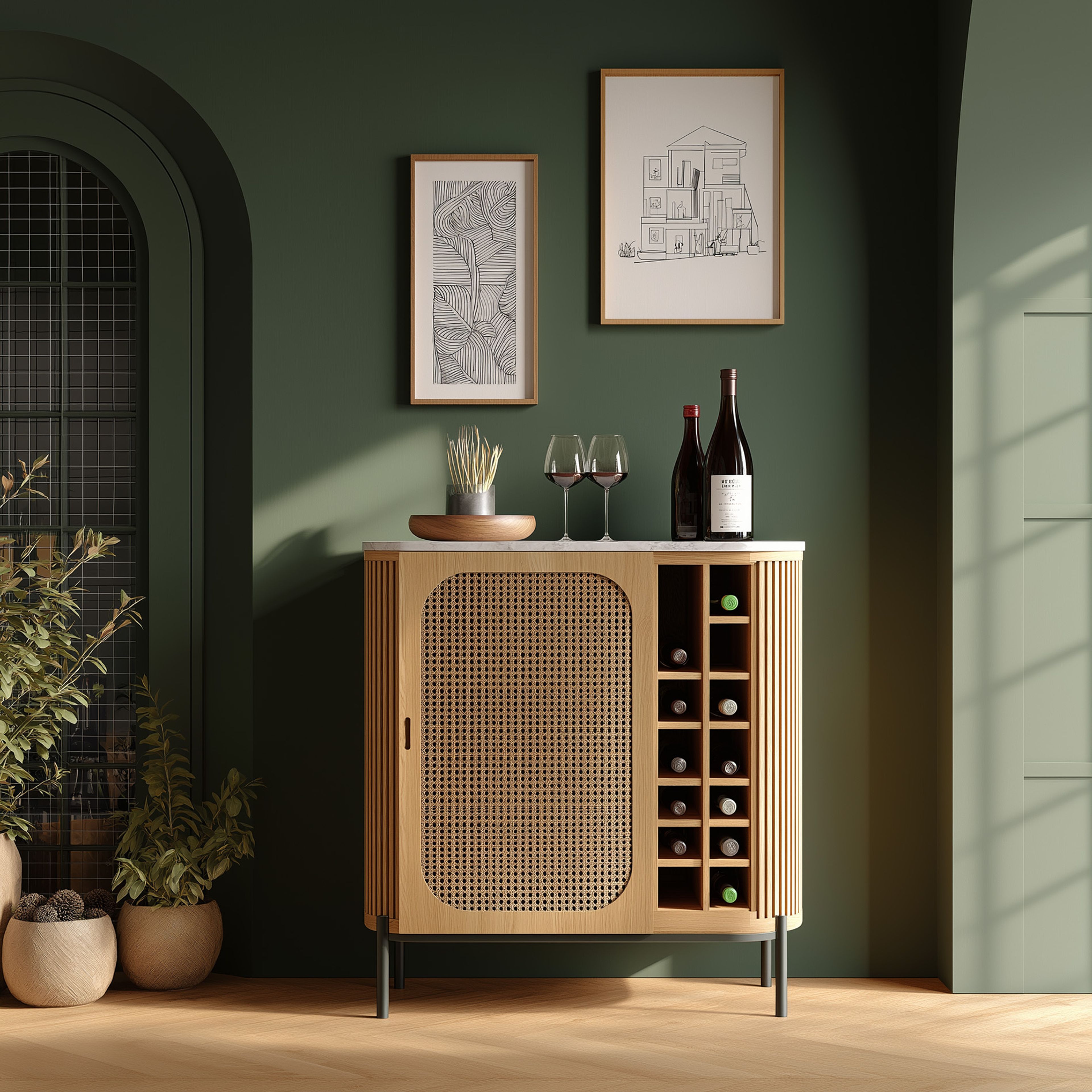 Modern Home Bar Design with Rattan Shutters and Open Countertop