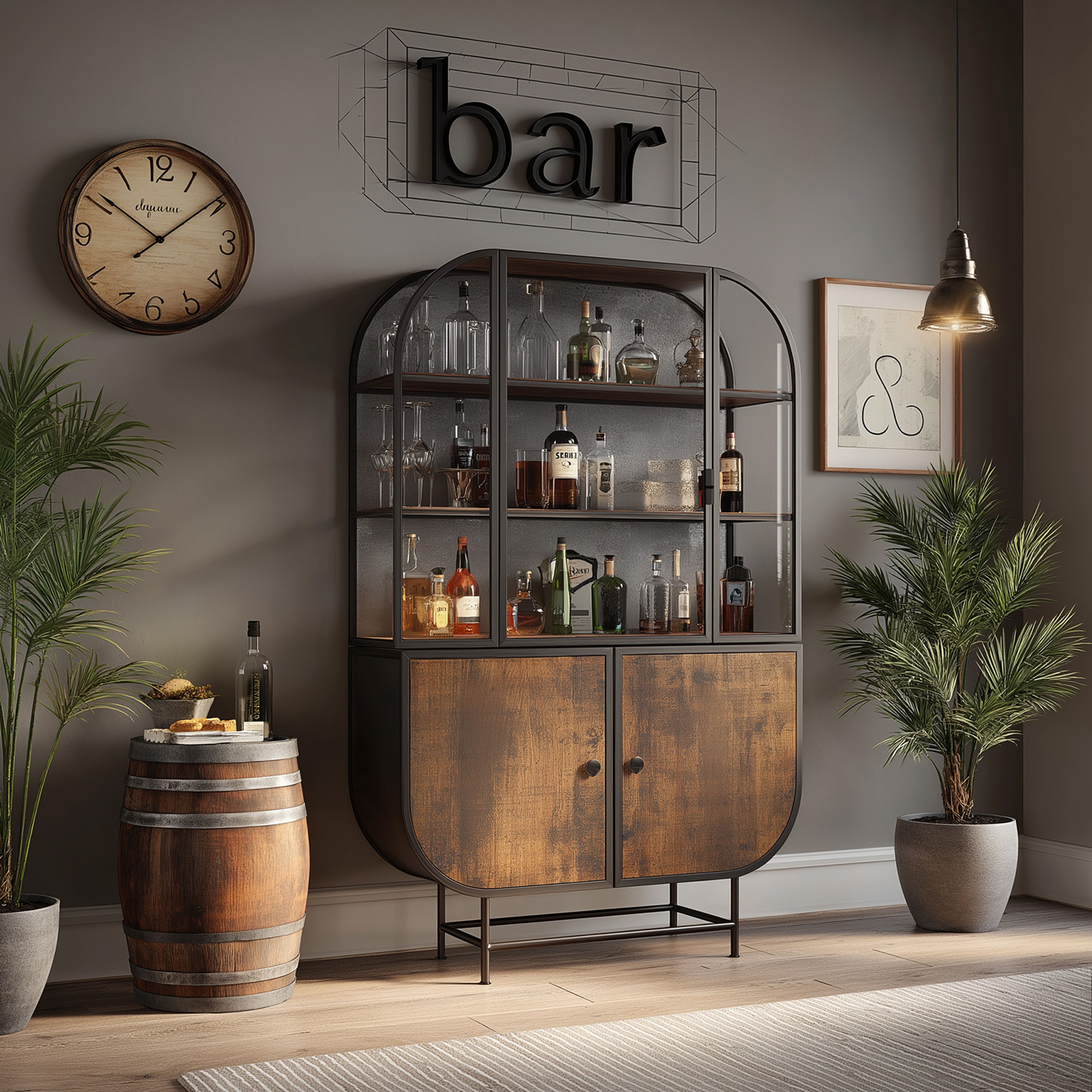 Industrial Home Bar Design with Open Display Shelves and Cabinets