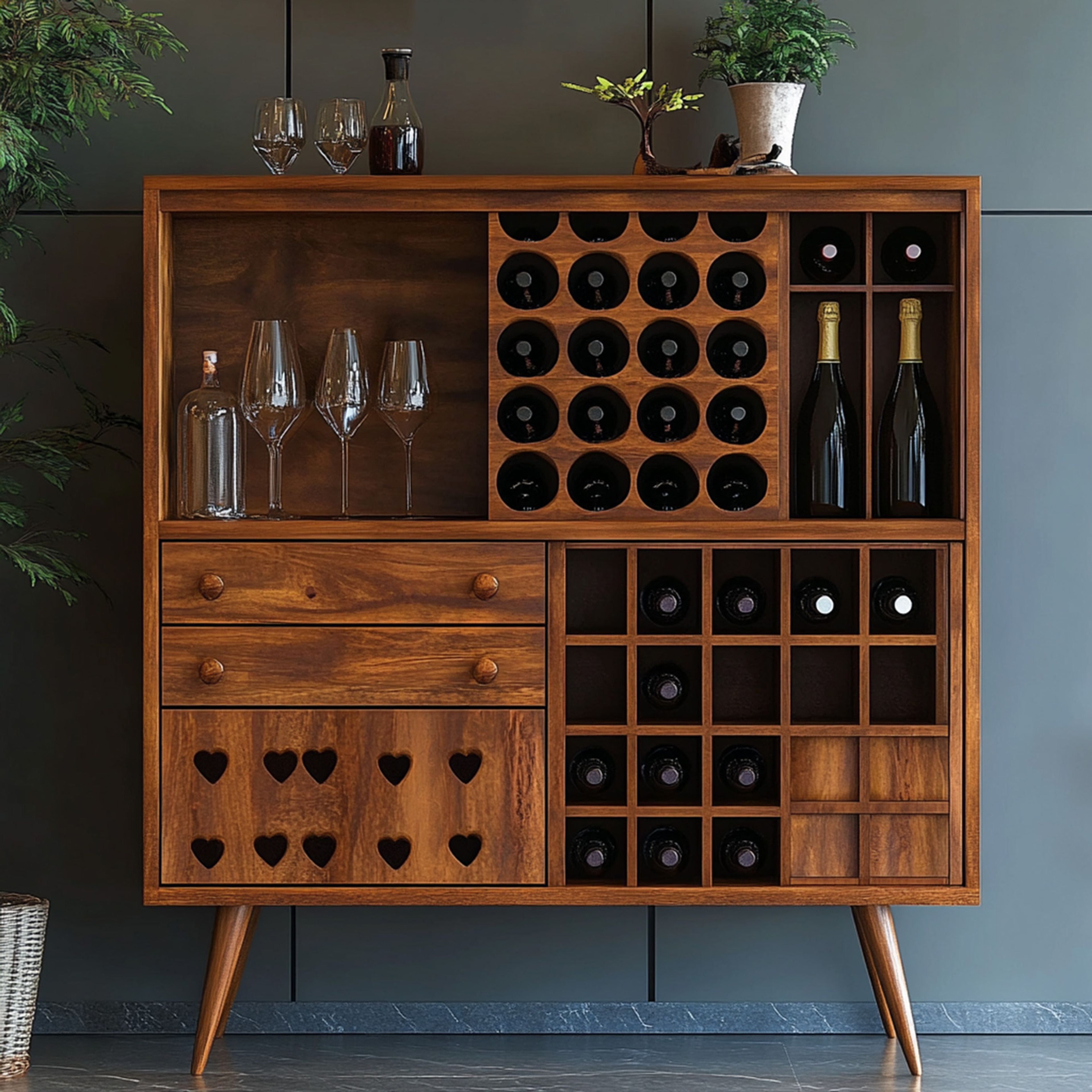 Mid-Century Modern Home Bar Design With Statement Wine Rack Display