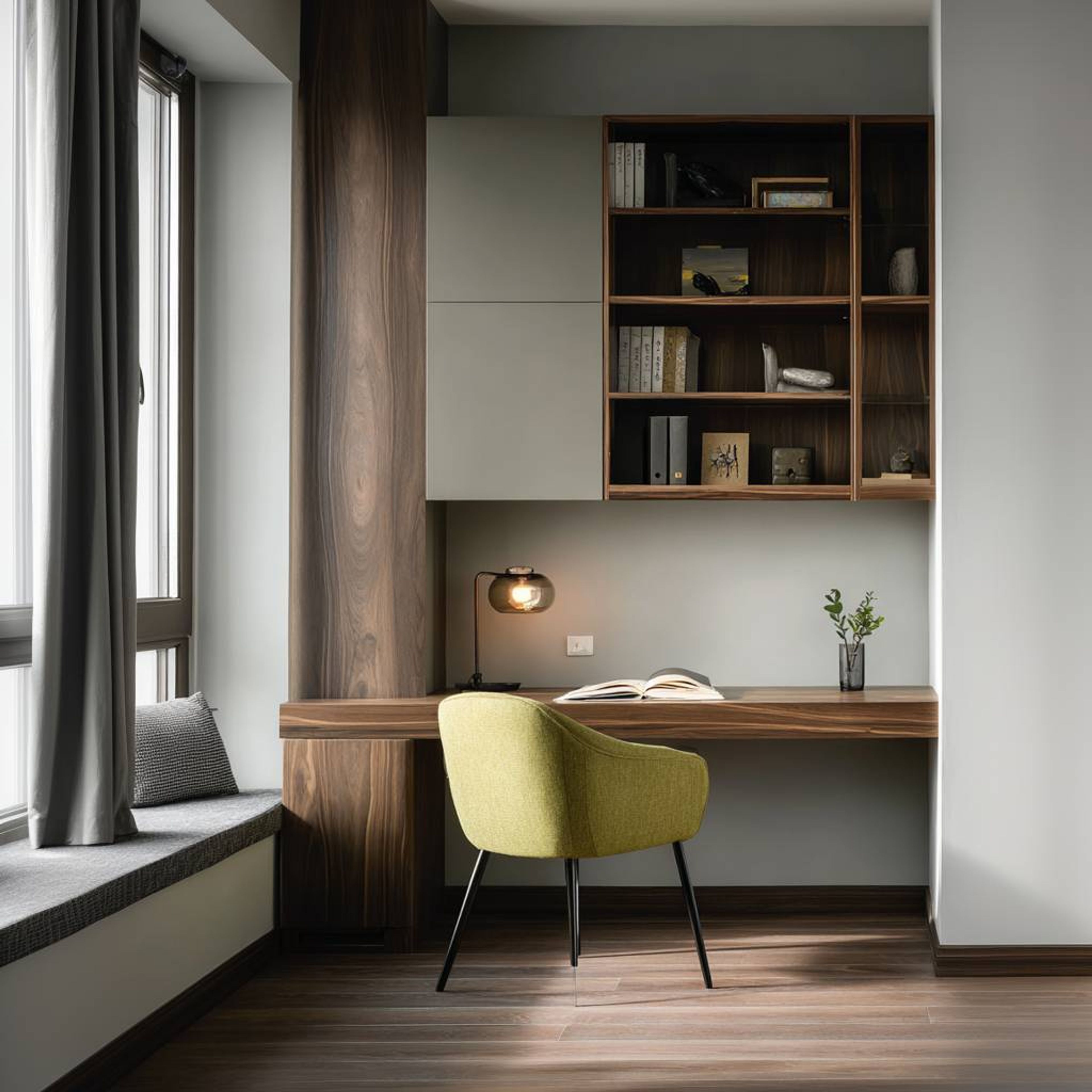 Modern Home Office Design With Mustard Chair and Reading Nook