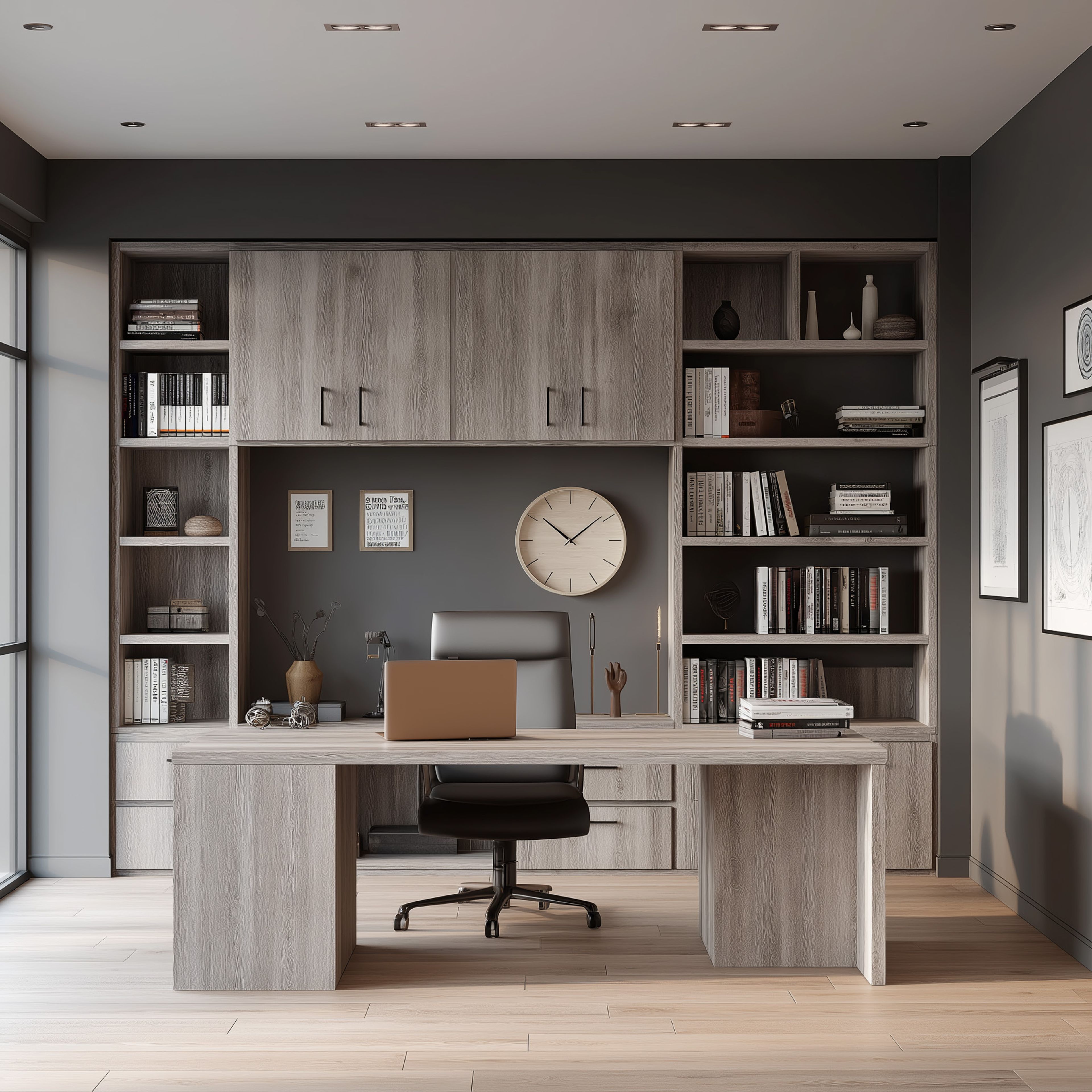 Modern Home Office Design with Full-Height Grey Wood Bookcase
