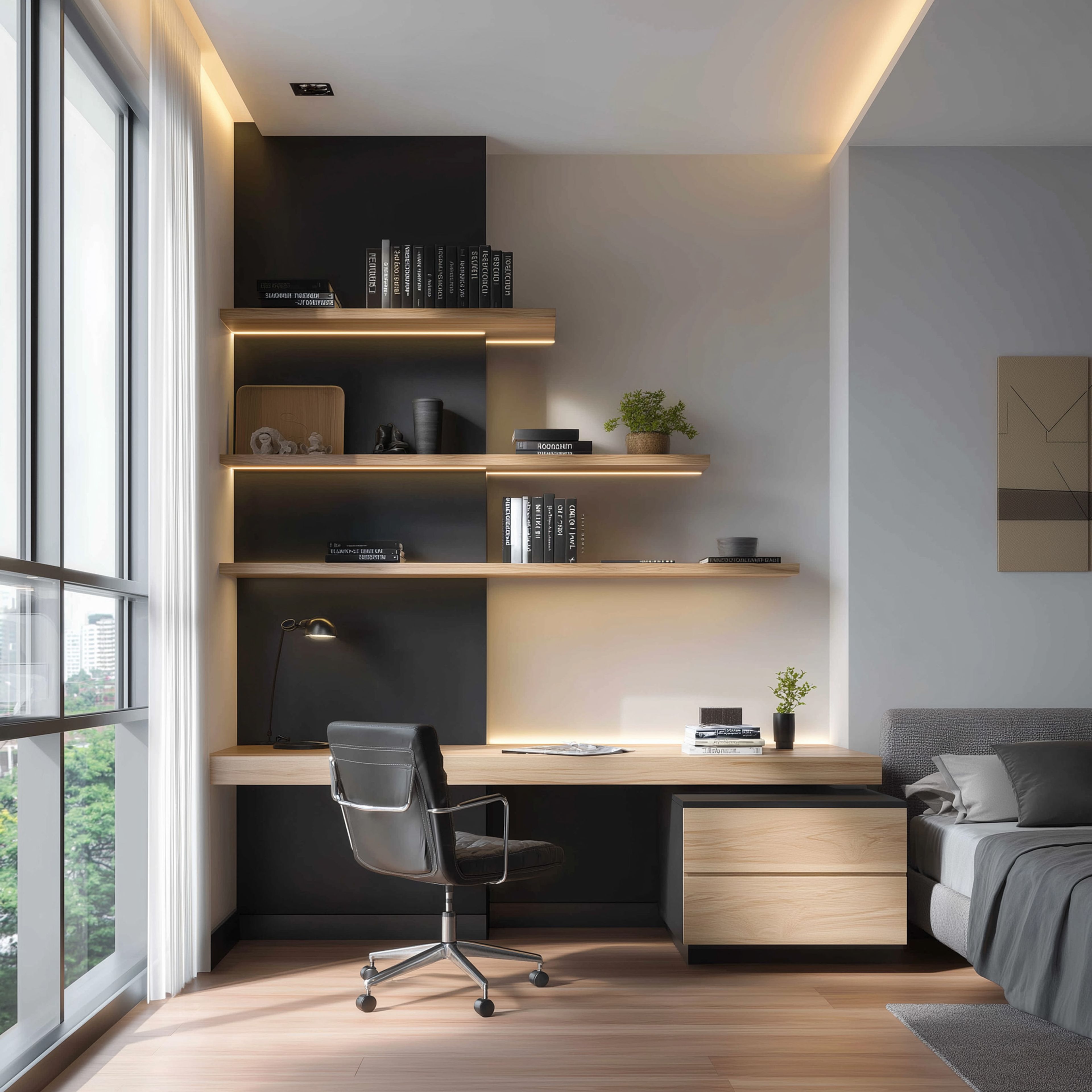 Black and Light Wood Modern Home Office Design with Wall-Mounted Shelves