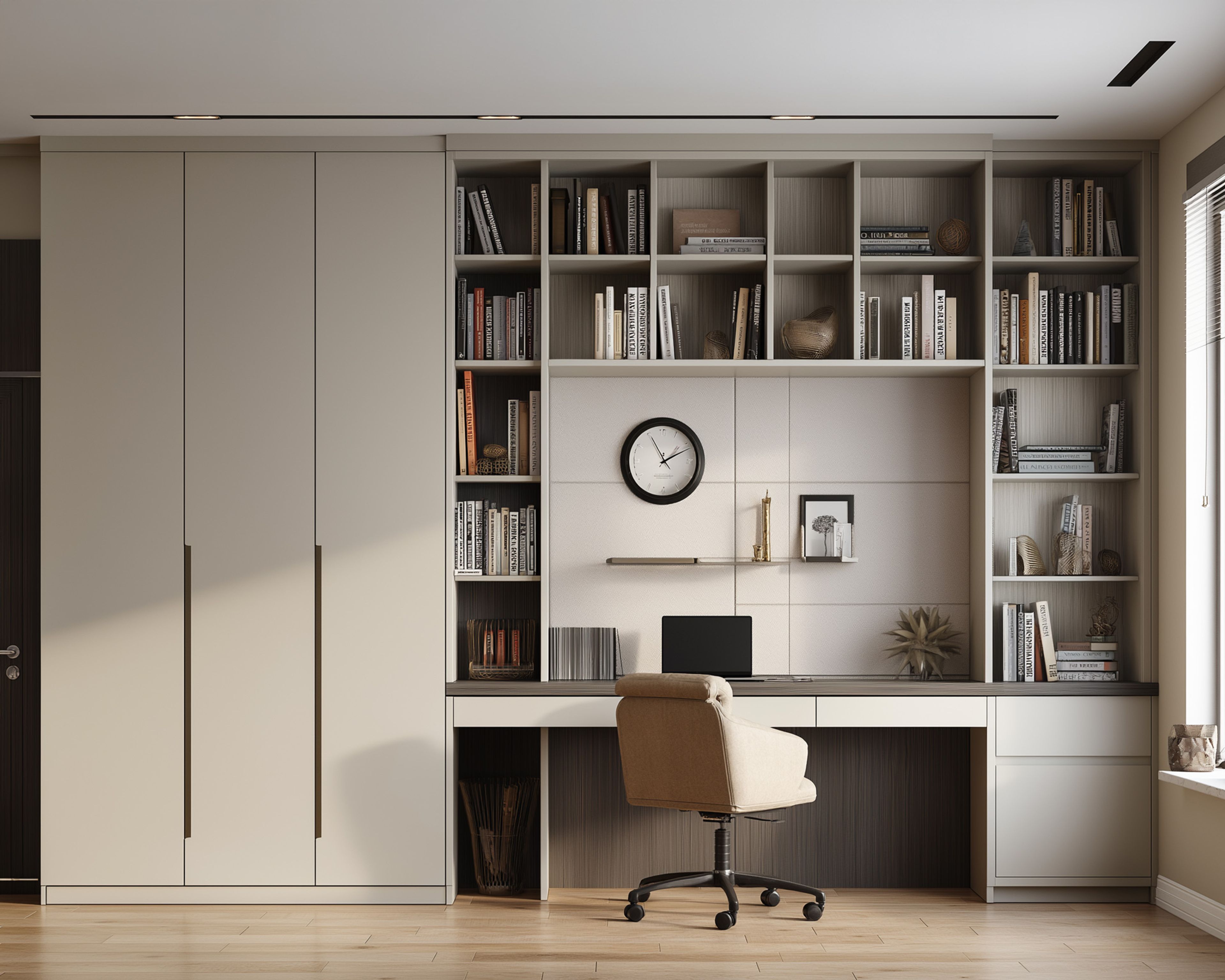 Contemporary Beige and Wood Home Office Design with U-Shaped Workstation and High-Back Leather Chair