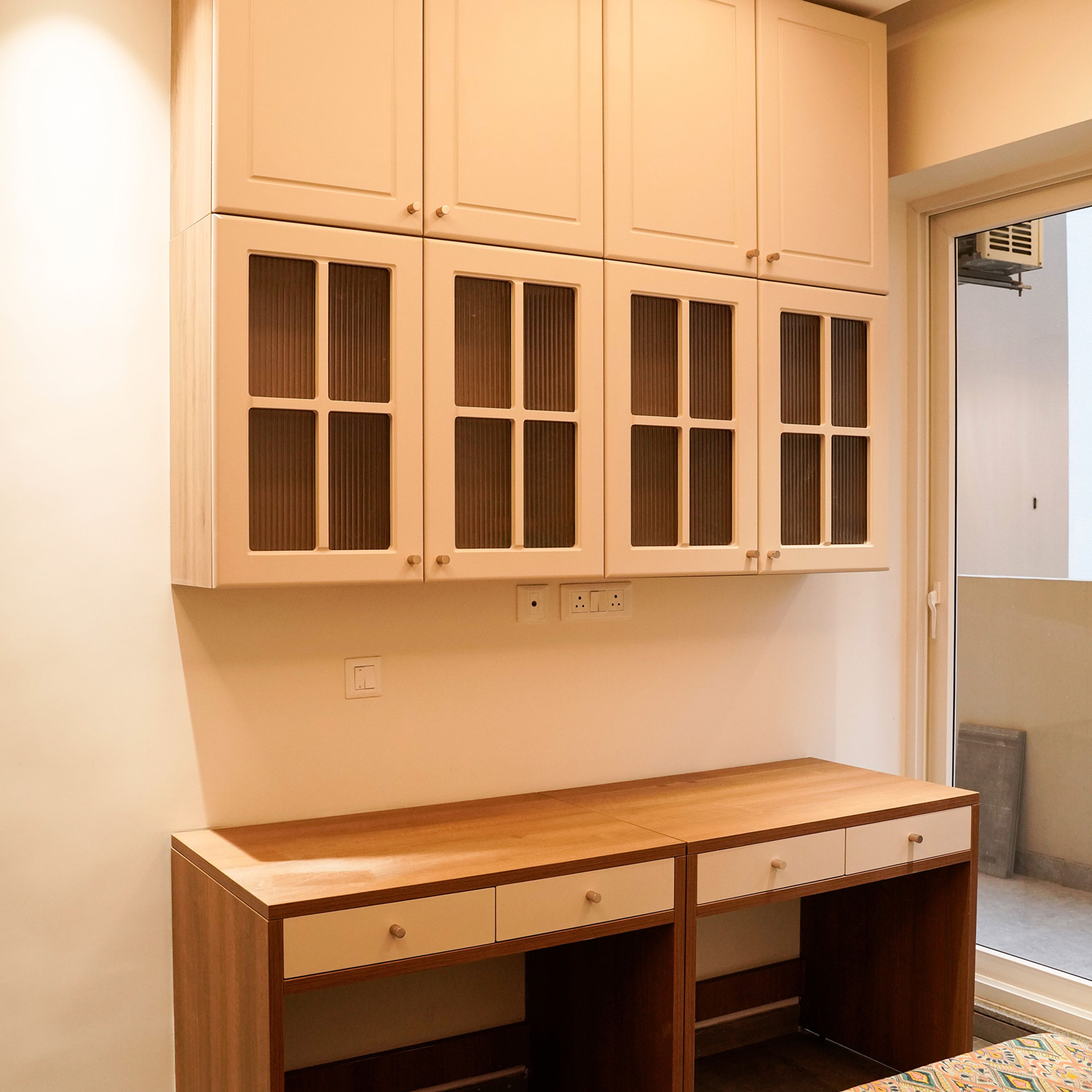 Off-White and Wood Classic Home Office Design with Built-In Wall-to-Wall Storage