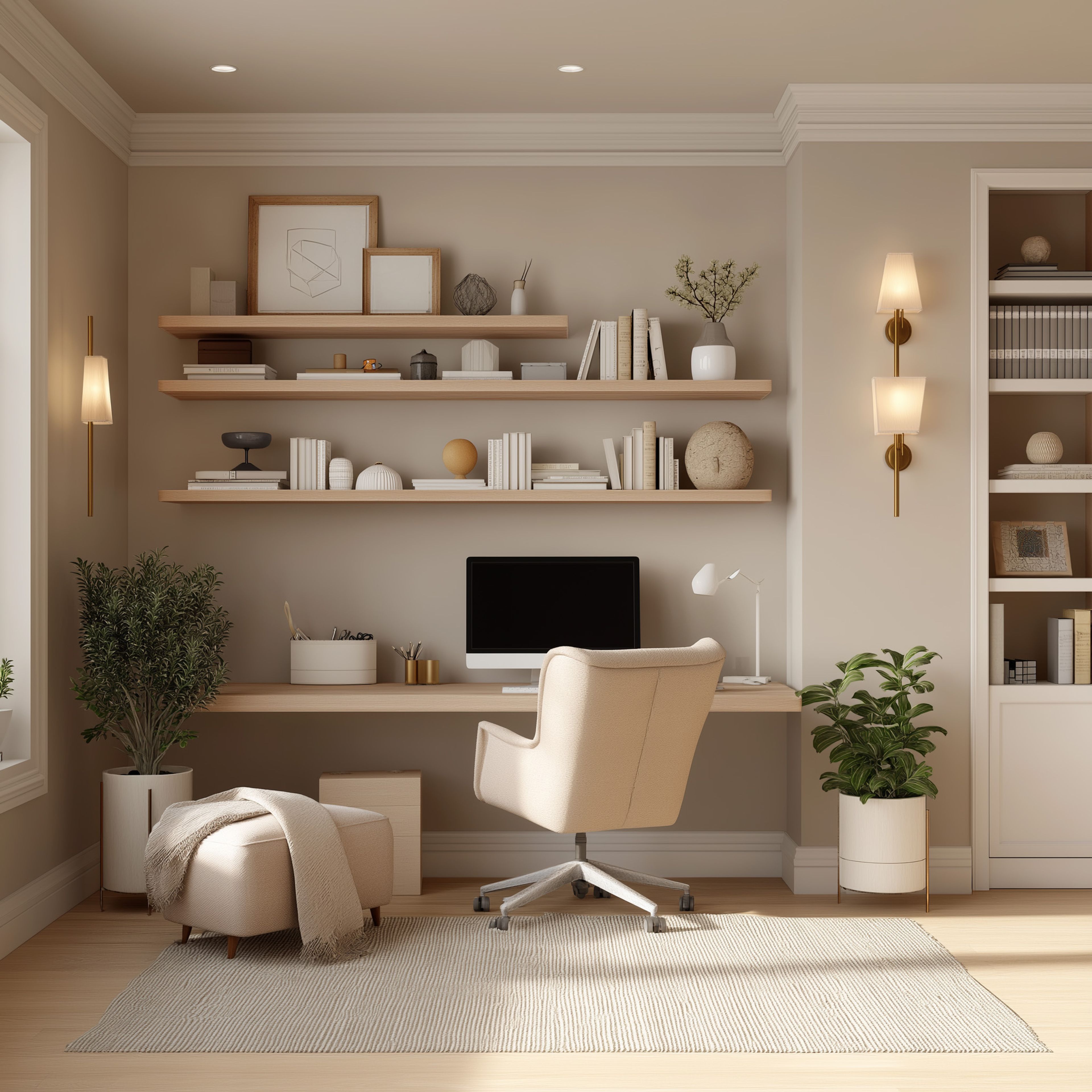 Matte Finish Wood Minimal Home Office Design with Open Storage Shelves