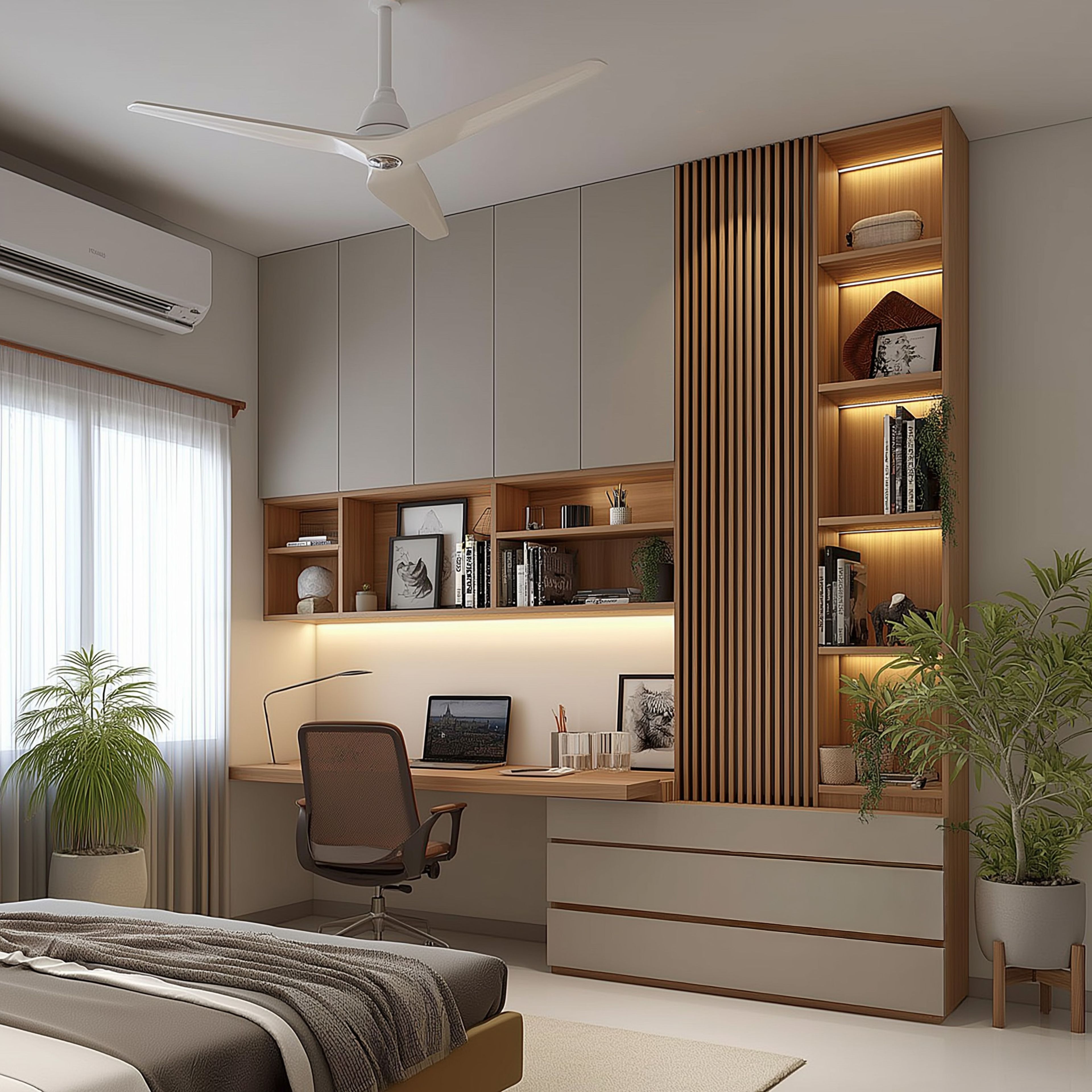 Grey and Wood Contemporary Home Office Design with Wall-to-Wall Storage