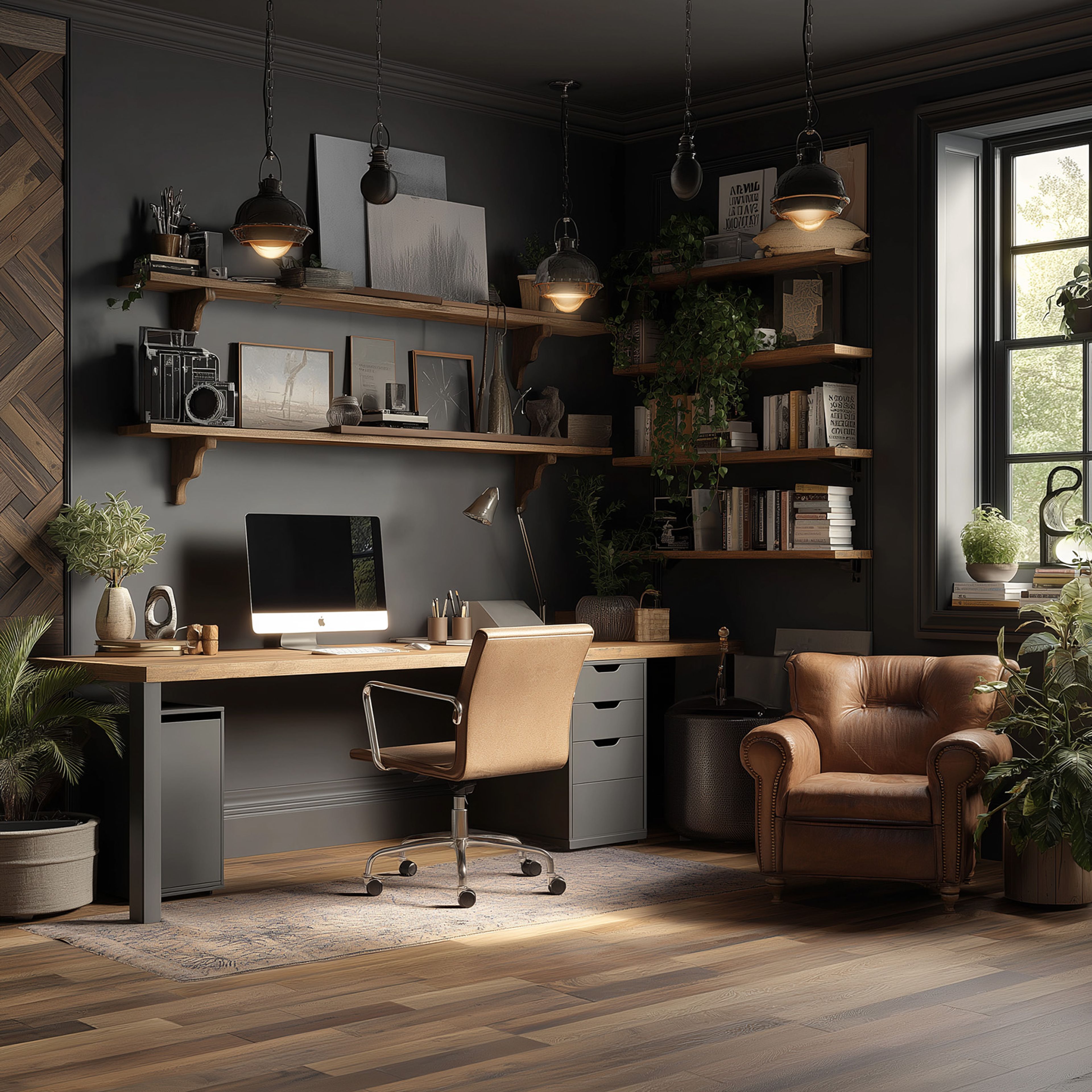 Grey and Wood Industrial Home Office Design with Dual Desk Functionality