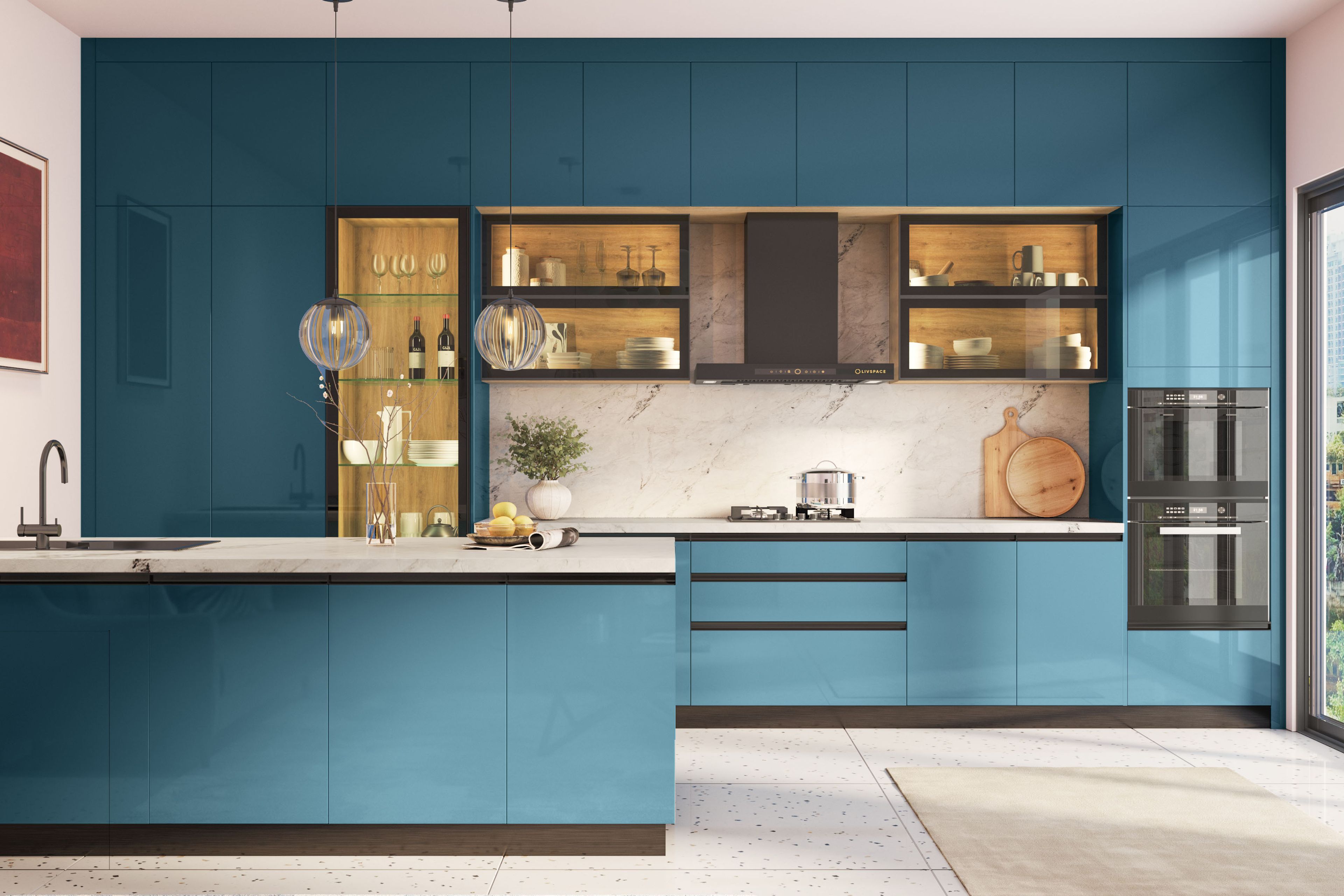 Modern Open Kitchen Design in Deep Teal Blue and Quartz Top