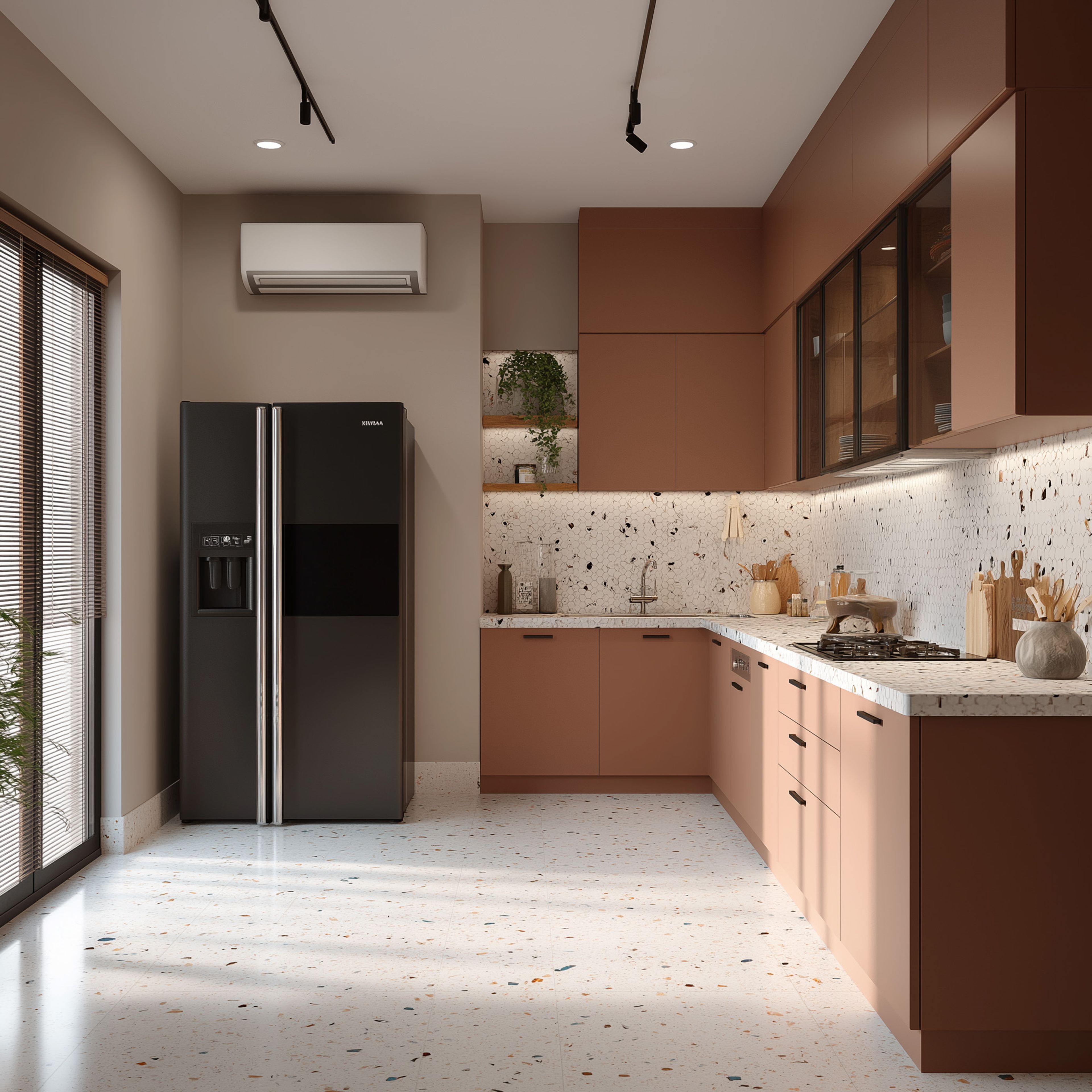 Contemporary L-Shaped Kitchen Design with Terracotta Cabinets and Terrazzo Countertop