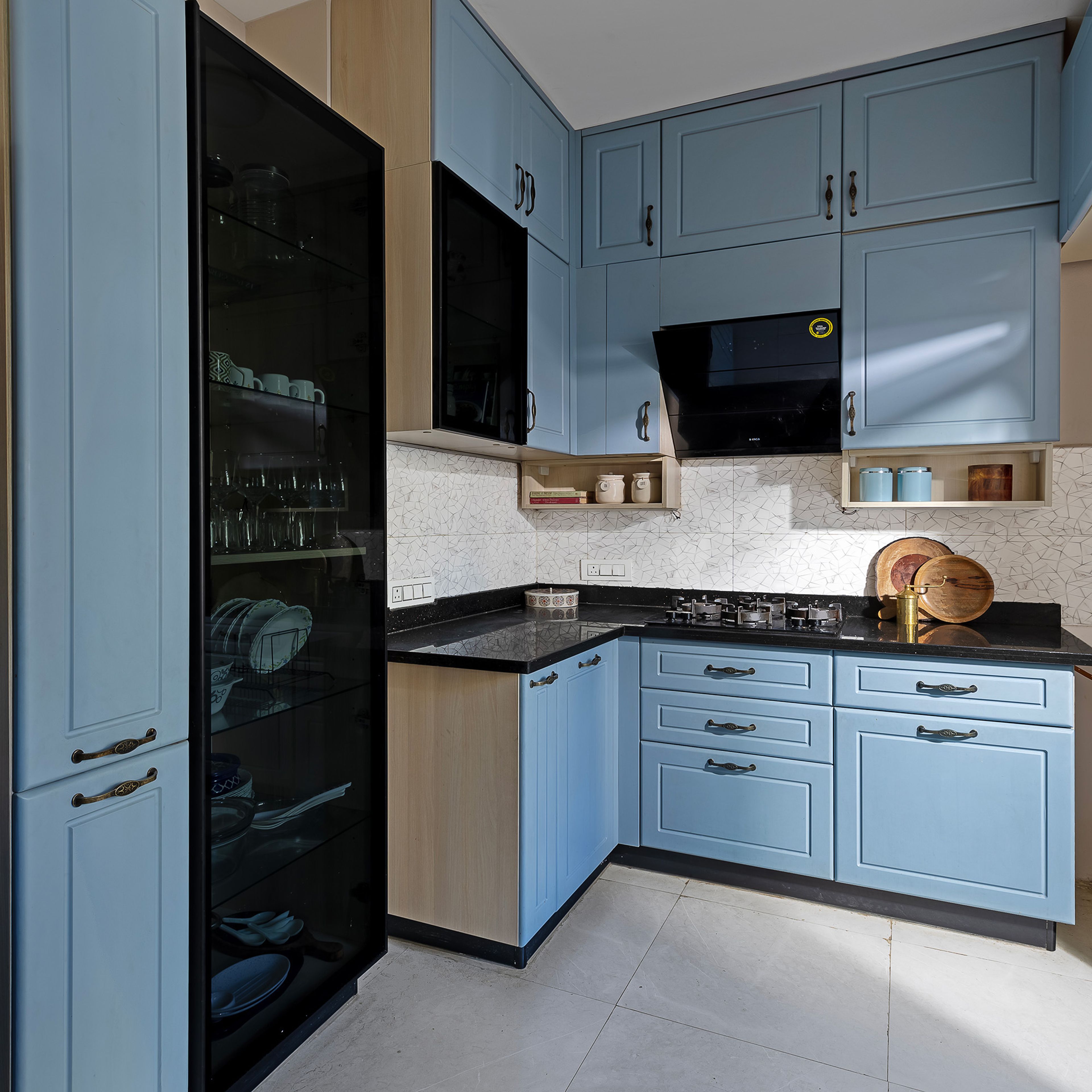 Classic L-Shaped Kitchen Design with Matte Blue Cabinets and Granite Counter