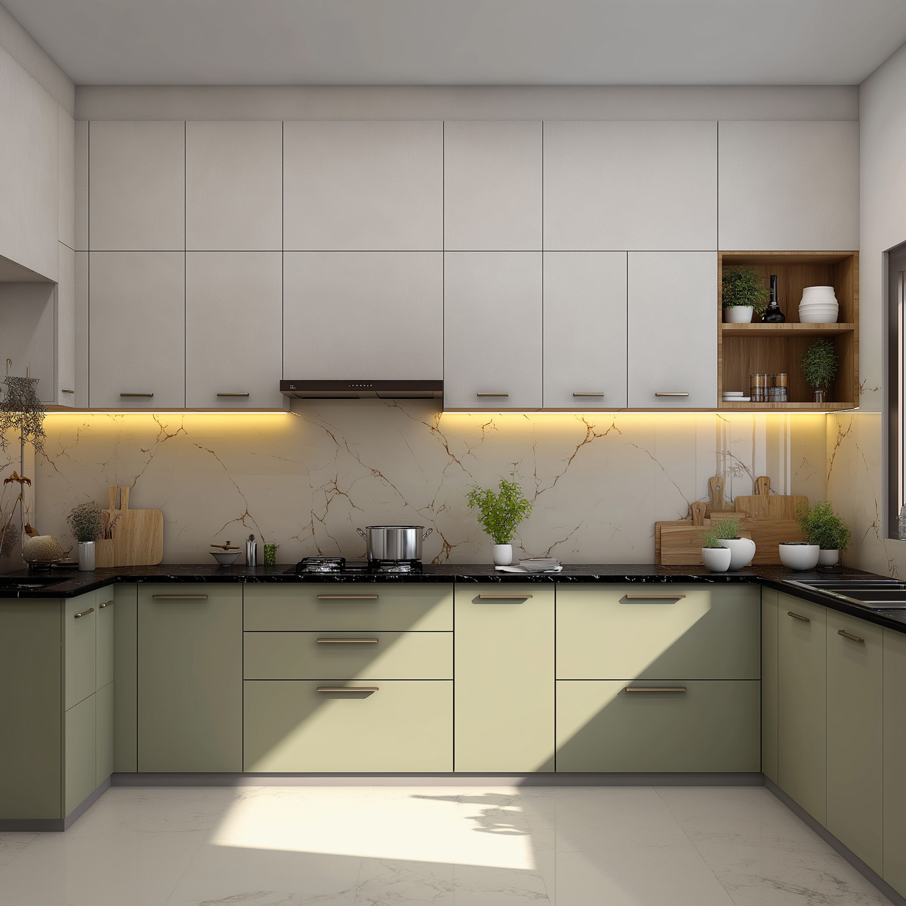 Contemporary U-Shaped Kitchen Design with Dual-Tone Cabinets and Granite Counter