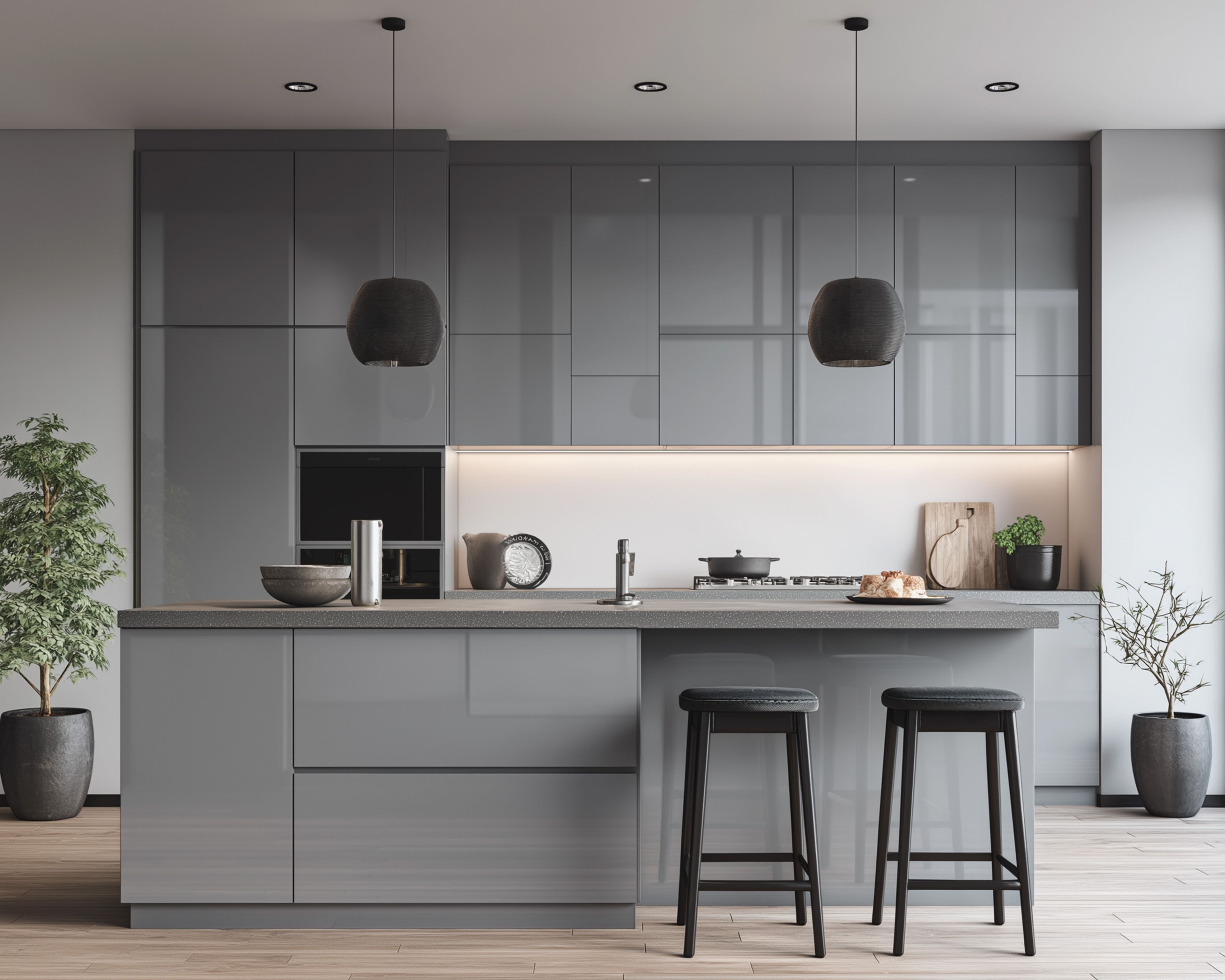 Minimal Island Kitchen Design with Grey High-Gloss Cabinets and Quartz Counter