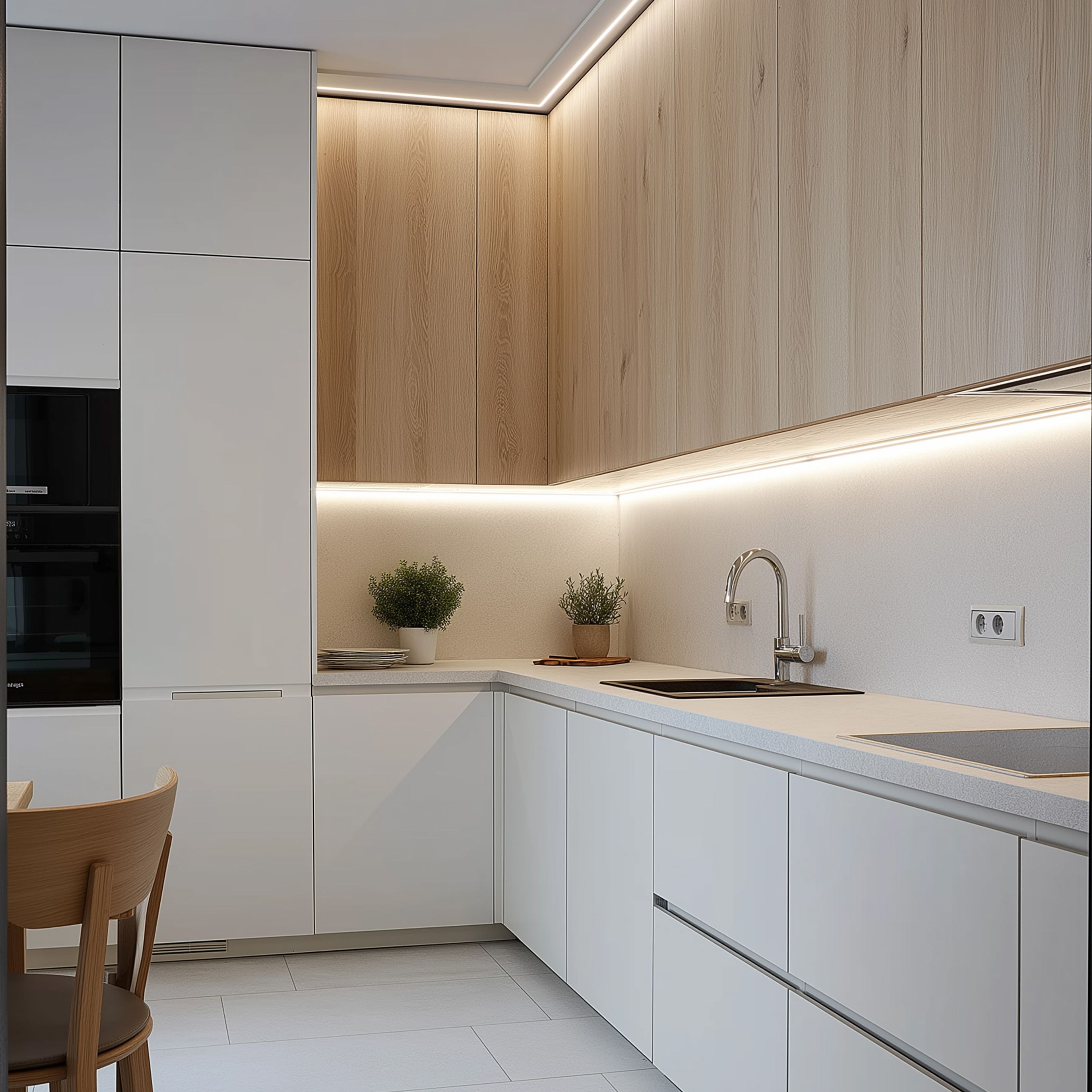 Minimal L-Shaped Kitchen Design with White and Wood Cabinets and Quartz Countertop