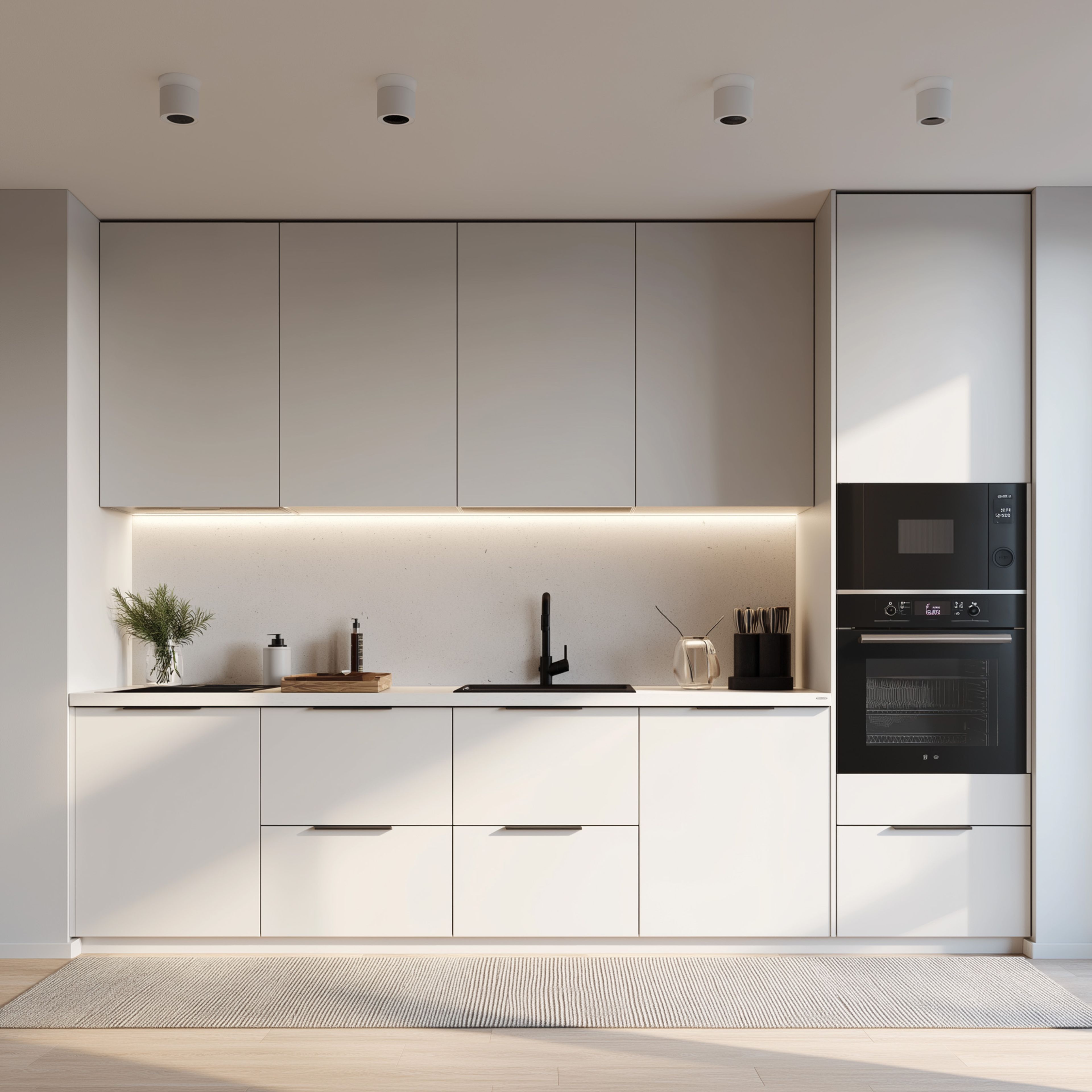 Open white kitchen with tall pantry unit and handle-free cabinetry
