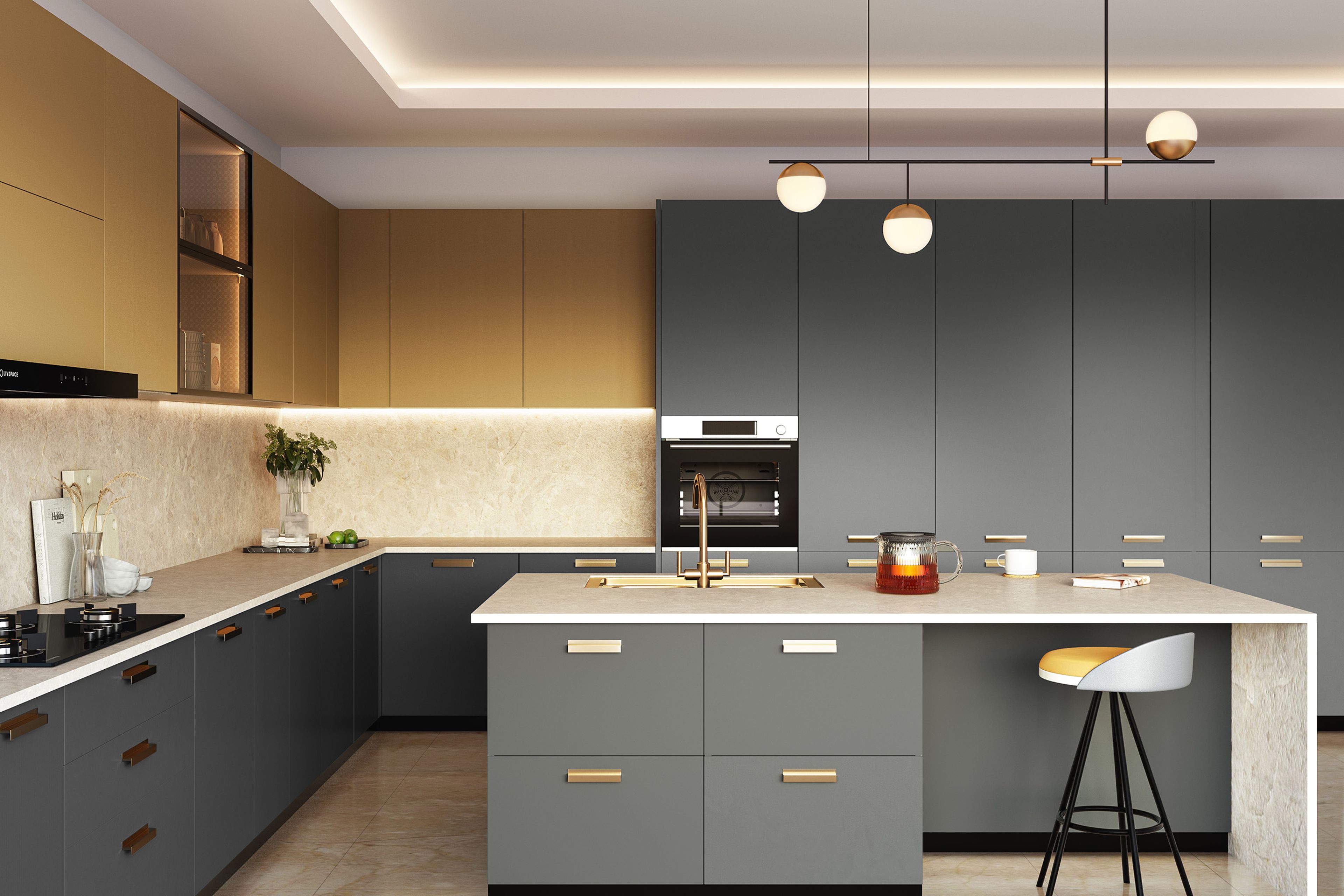 Island Kitchen Design with Charcoal Grey and Mustard Gold Units