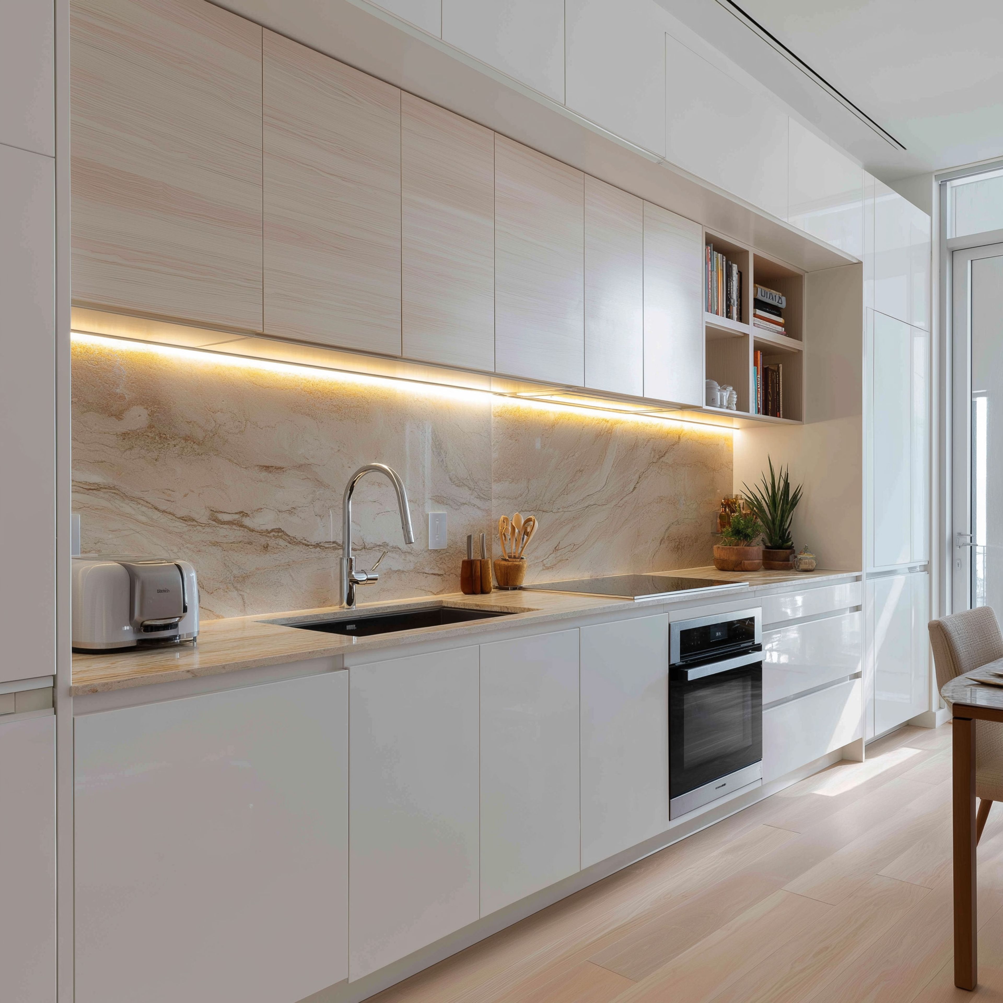 Minimal Open Kitchen Design Featuring Full-Height Cabinets and Integrated Appliances
