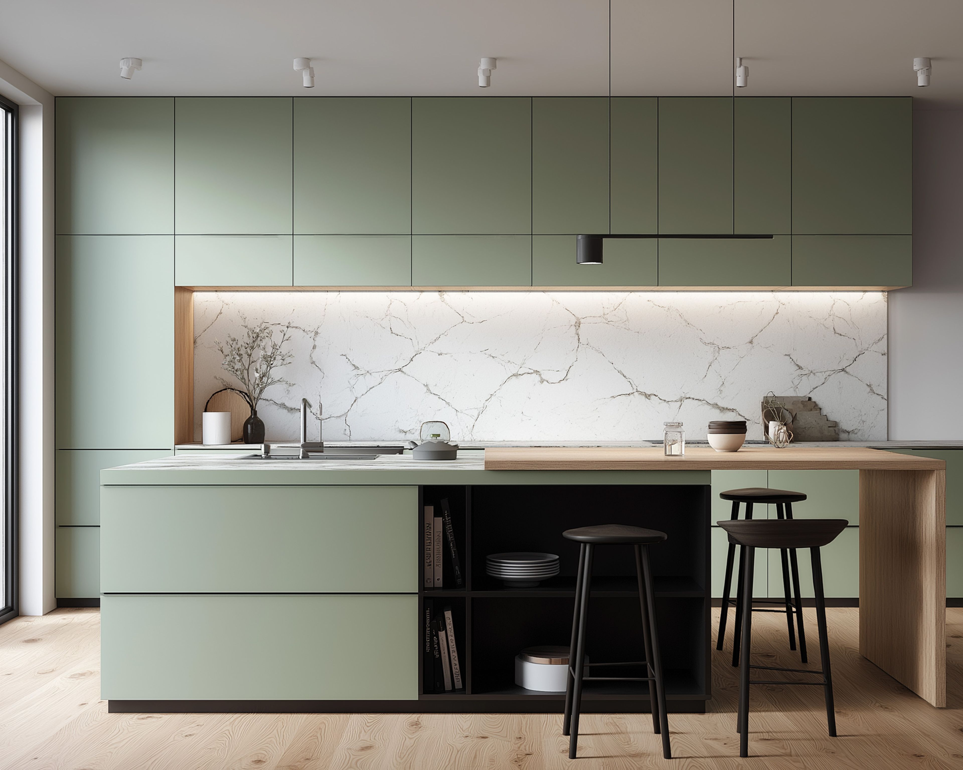 Minimal Island Kitchen Design with Sage Green Cabinets and Quartz Countertop